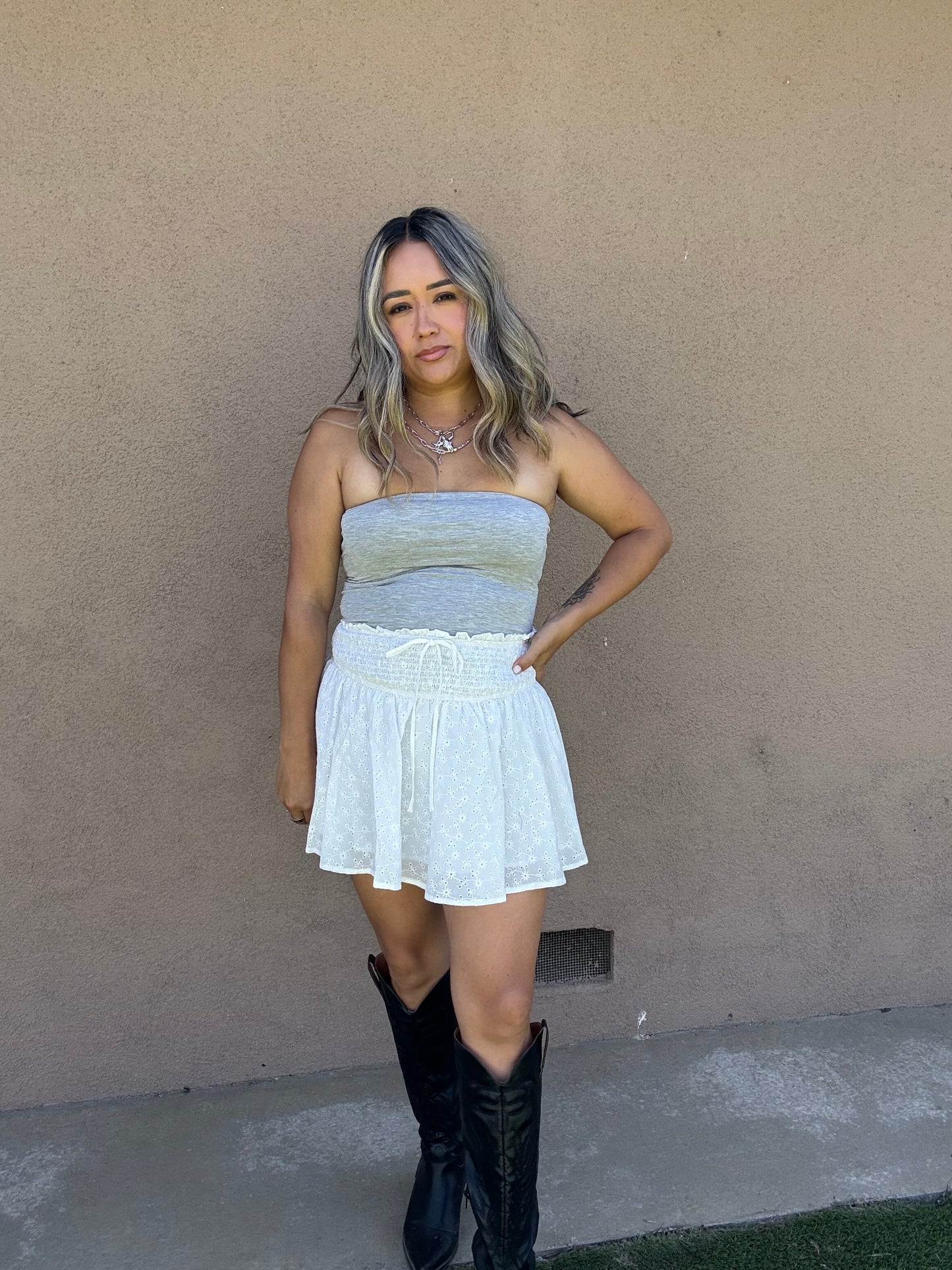 Sabrina Smocked Eyelet Mini Skirt- White