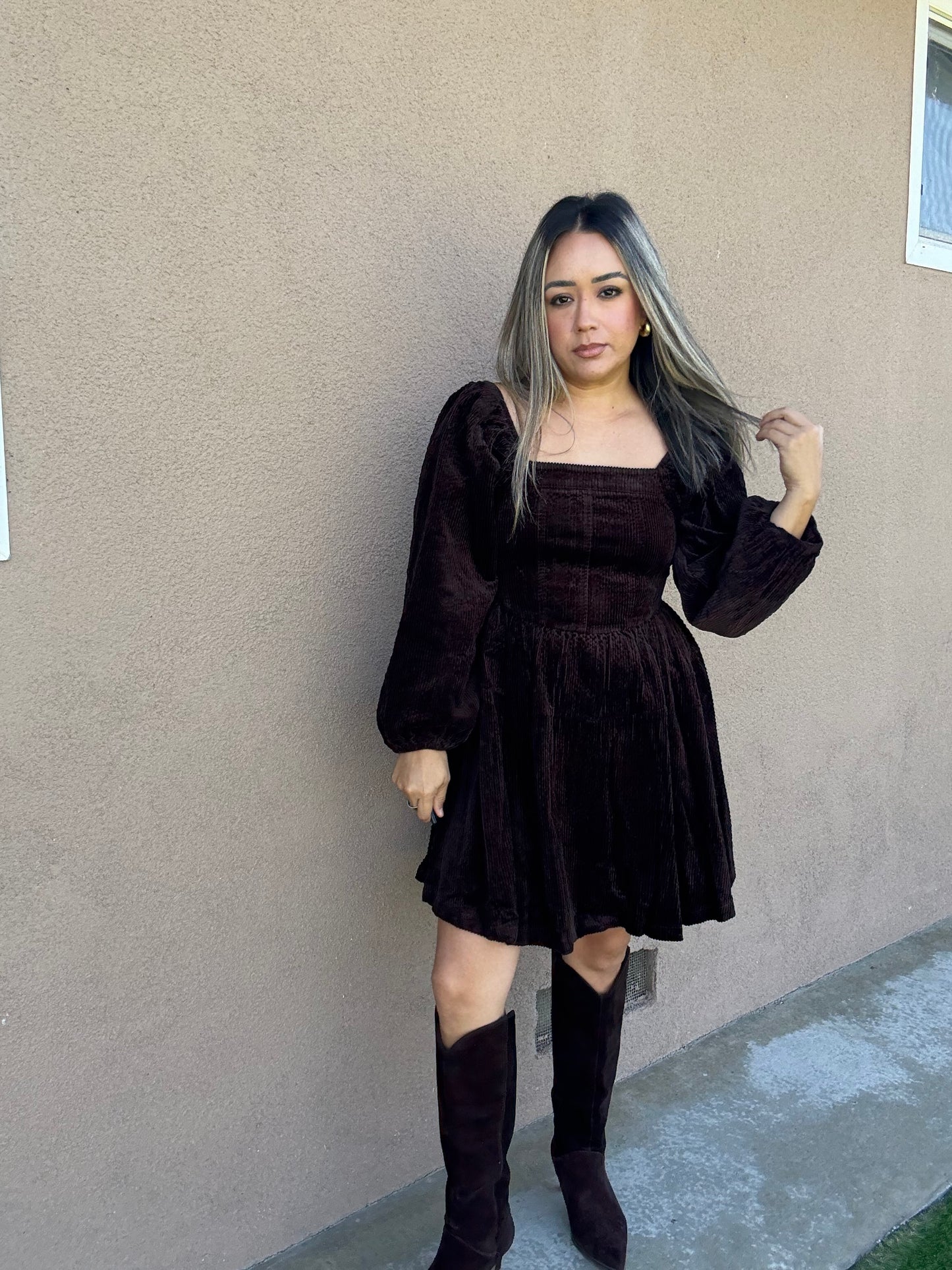 Canela Brown Corduroy Peplum Dress