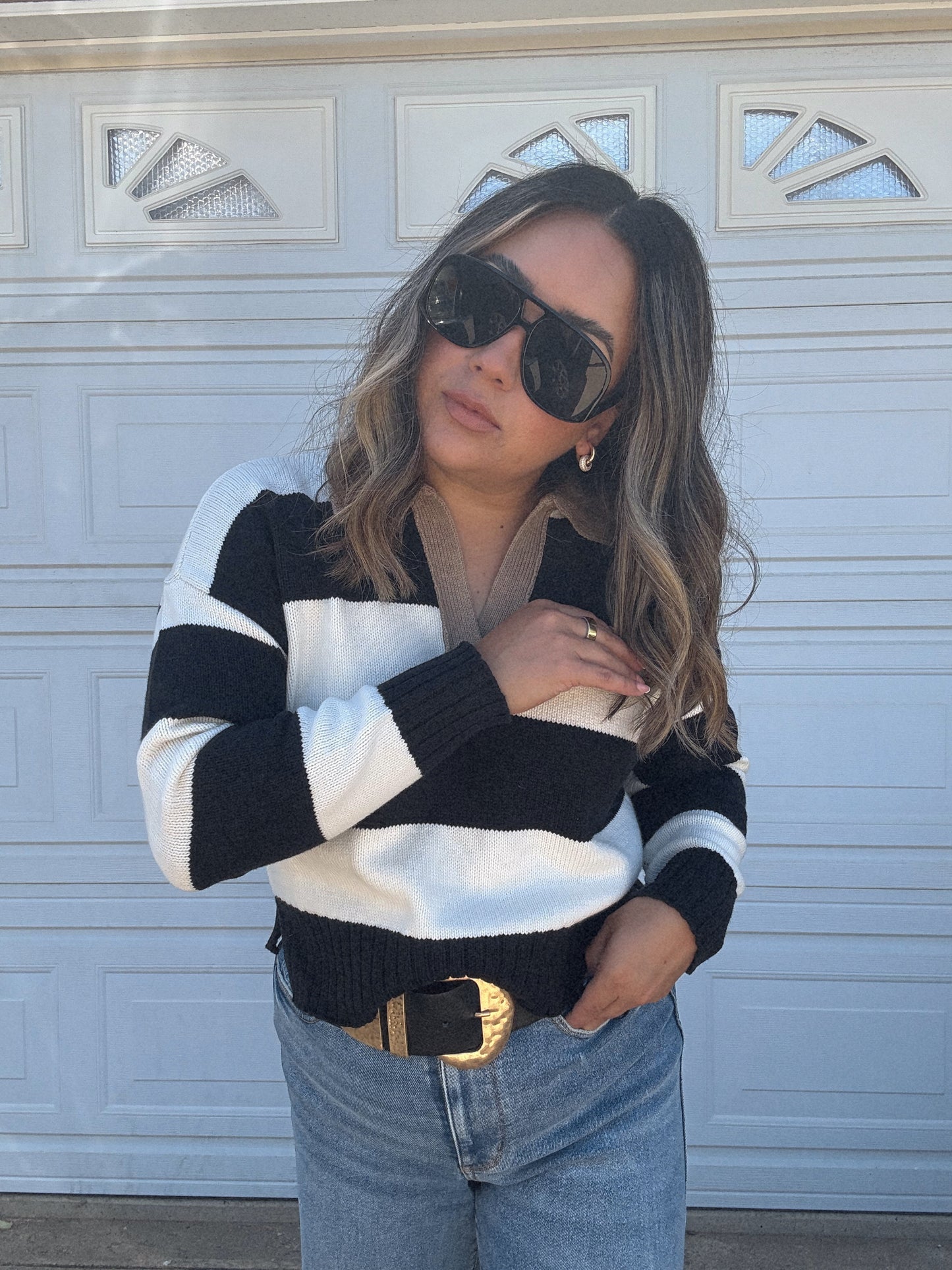 Mom Mode Collared Striped Sweater- White/Black/Tan