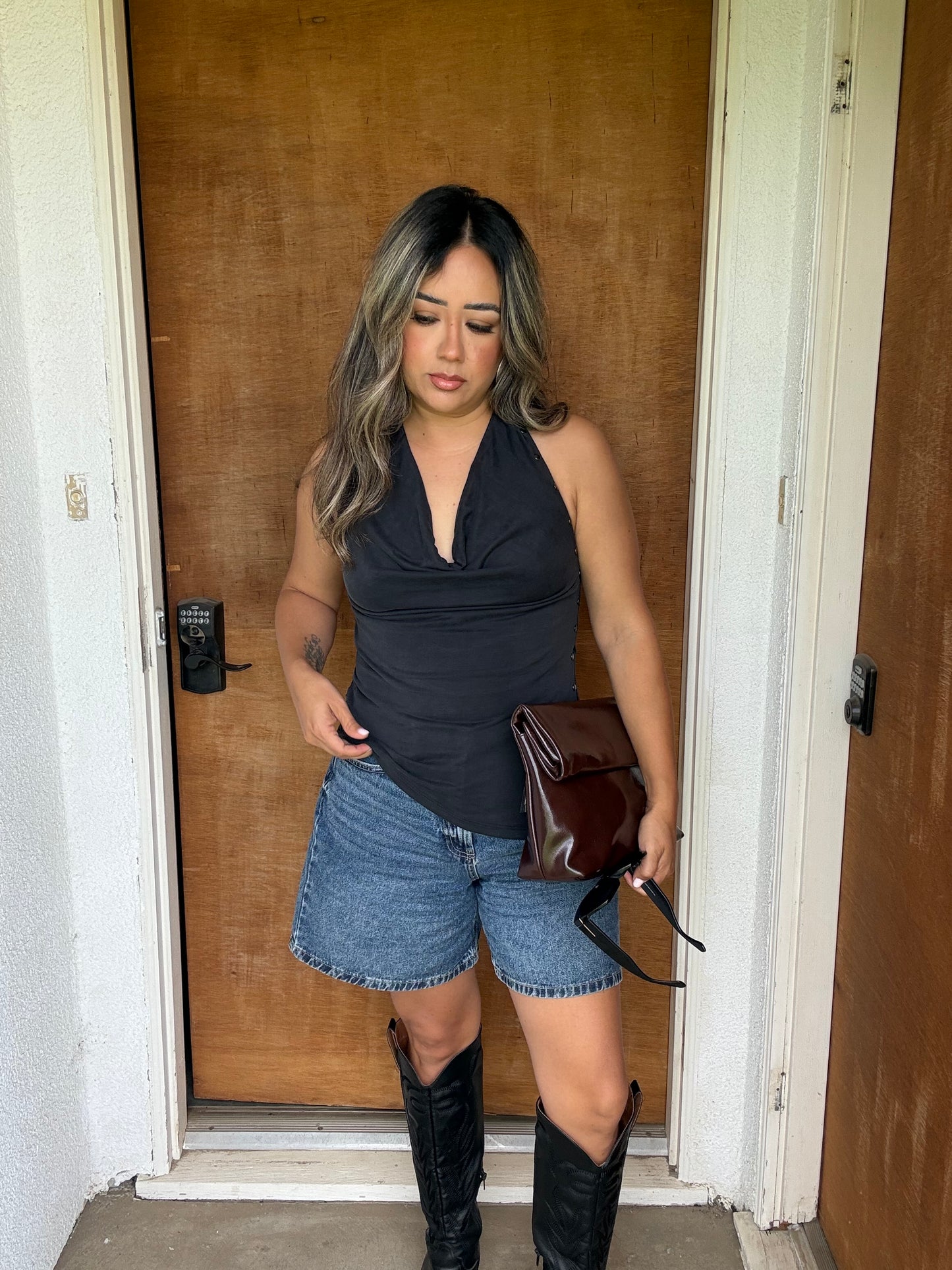 Justine Studded Halter Top- Charcoal