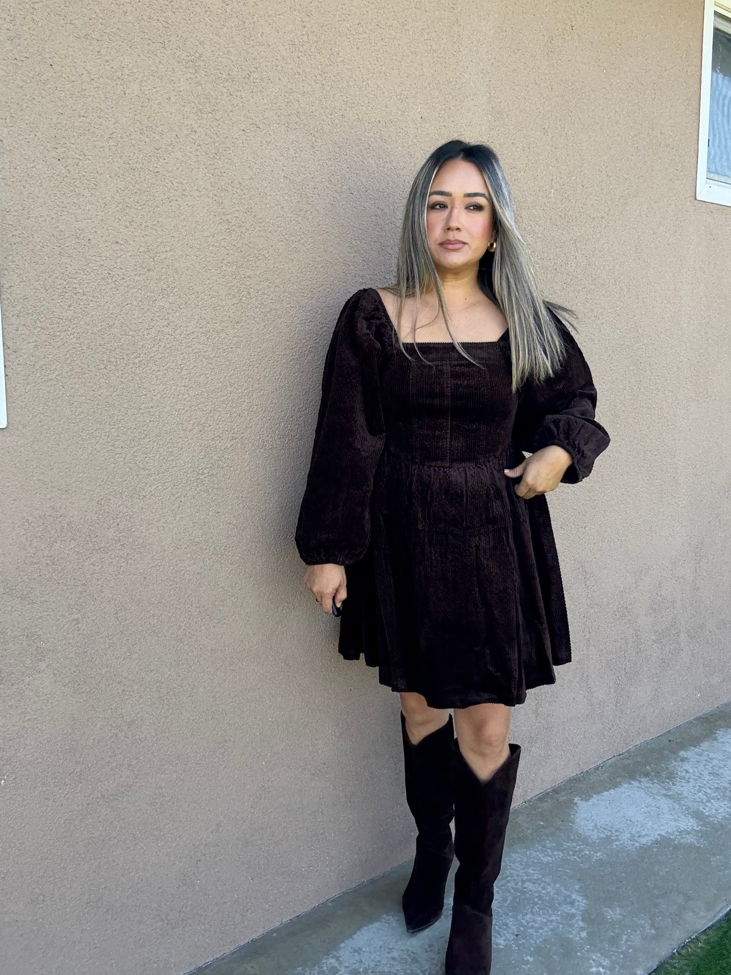 Canela Brown Corduroy Peplum Dress