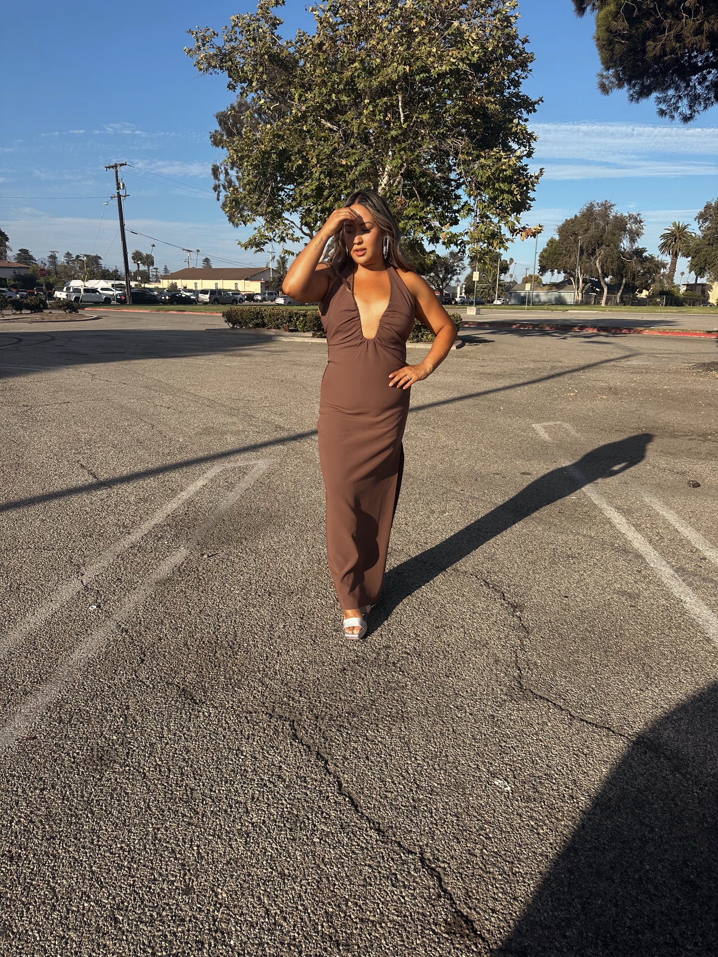 Thinking About Me Fitted Full Length Dress- Chocolate