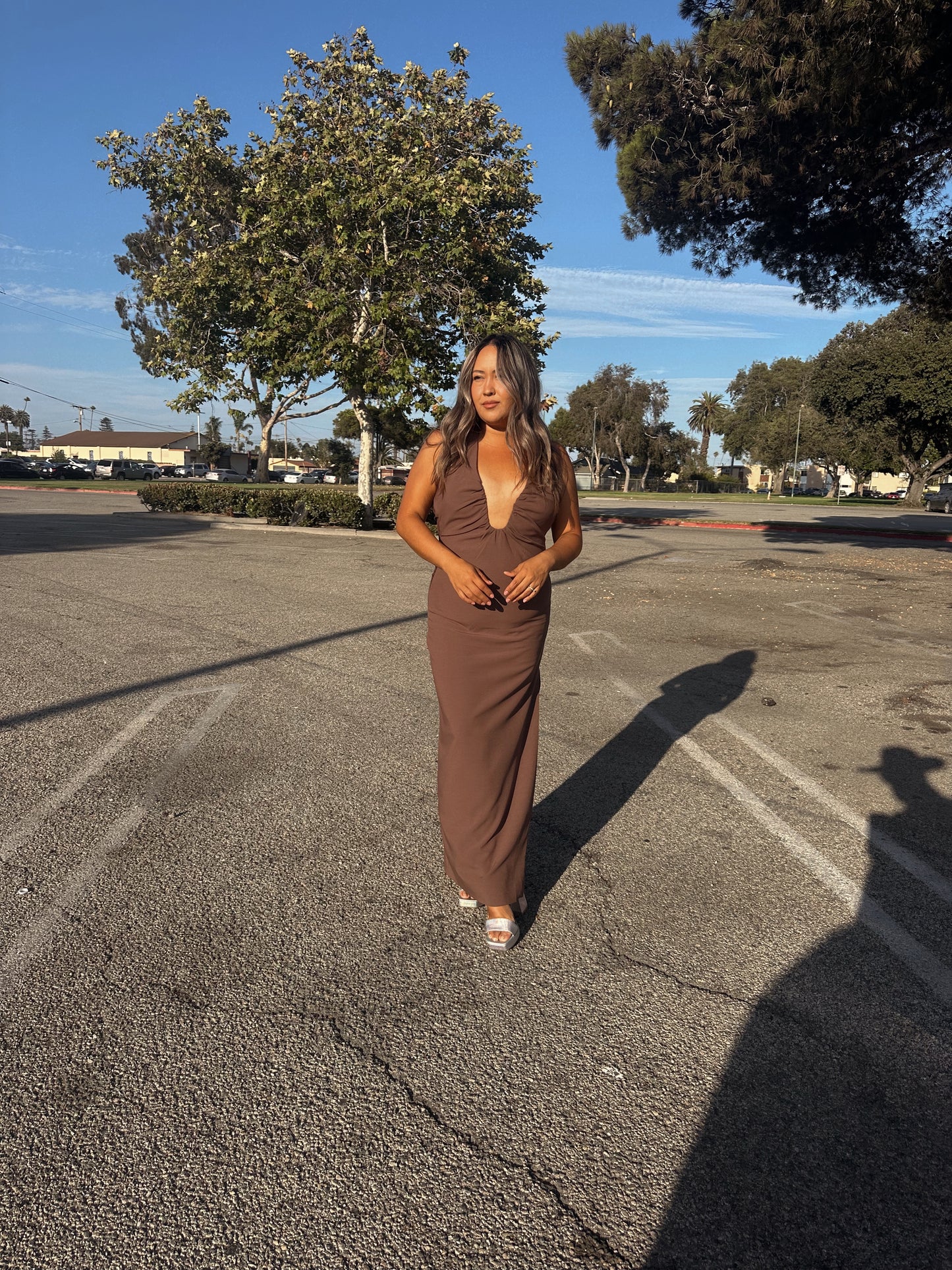 Thinking About Me Fitted Full Length Dress- Chocolate