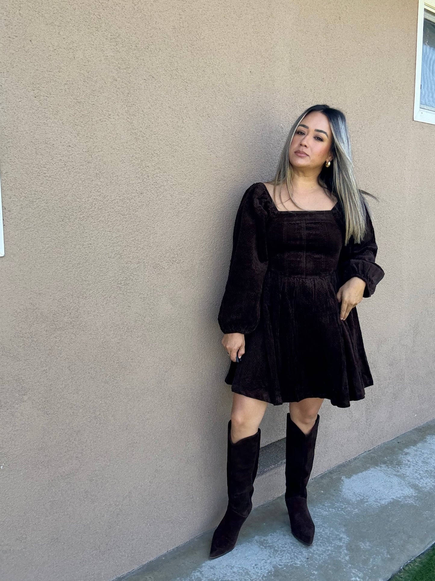 Canela Brown Corduroy Peplum Dress