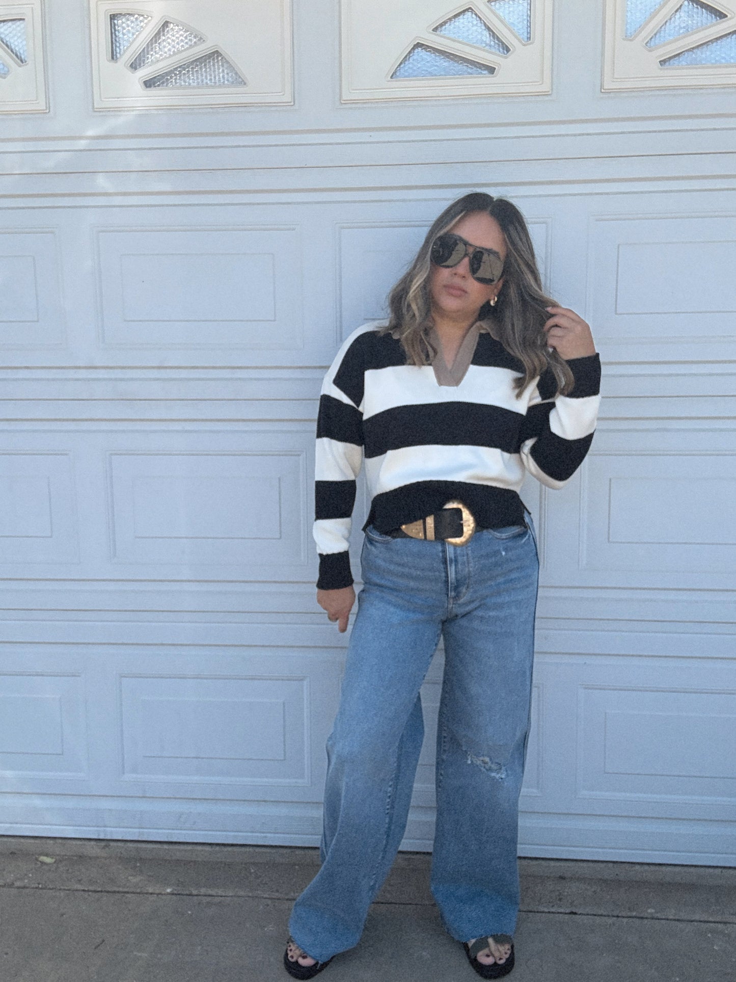 Mom Mode Collared Striped Sweater- White/Black/Tan
