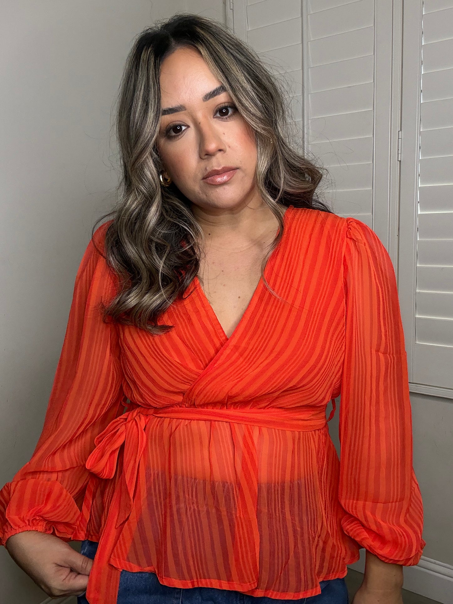 Spritz Sheer Long Sleeve Blouse- Tangerine