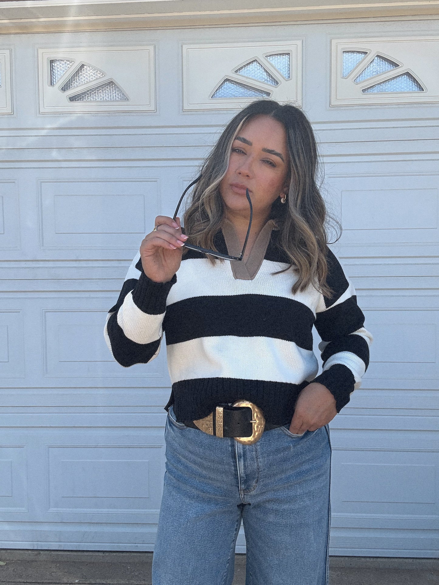 Mom Mode Collared Striped Sweater- White/Black/Tan
