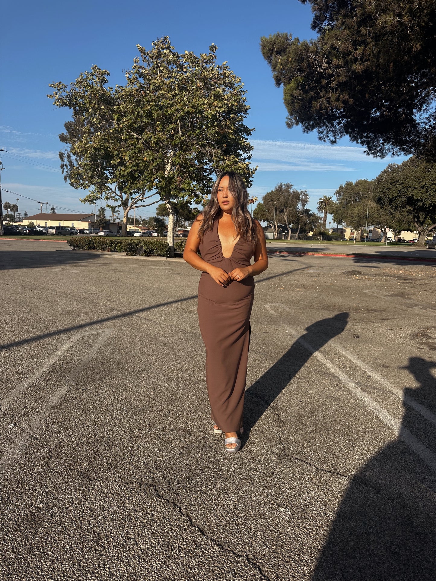 Thinking About Me Fitted Full Length Dress- Chocolate