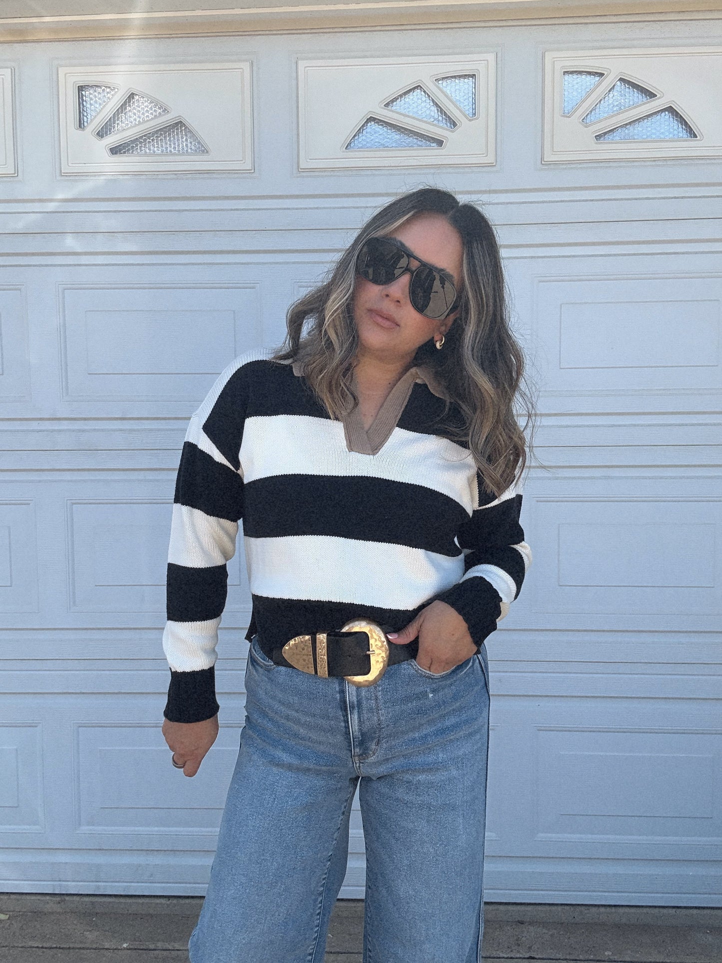 Mom Mode Collared Striped Sweater- White/Black/Tan