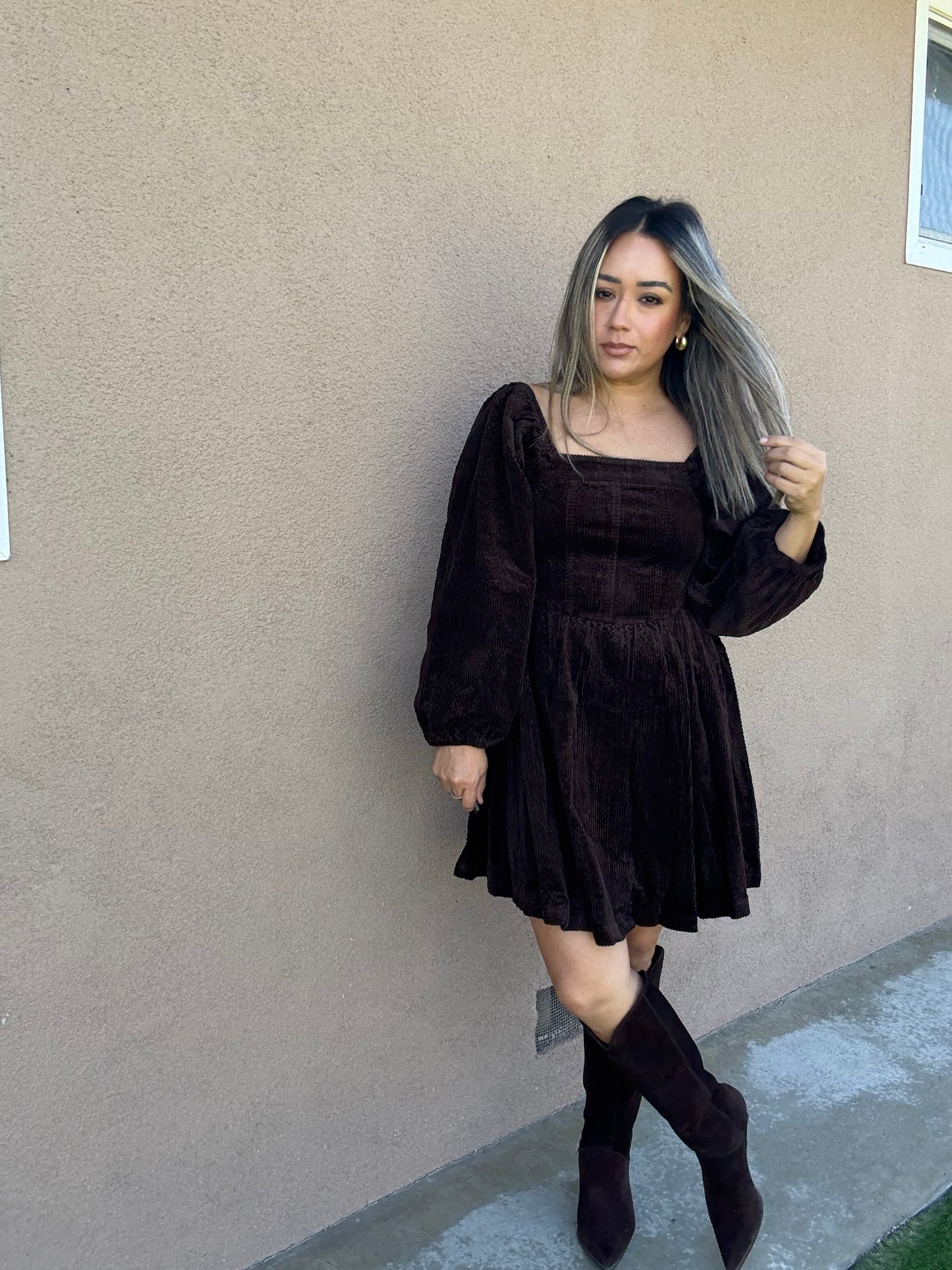 Canela Brown Corduroy Peplum Dress