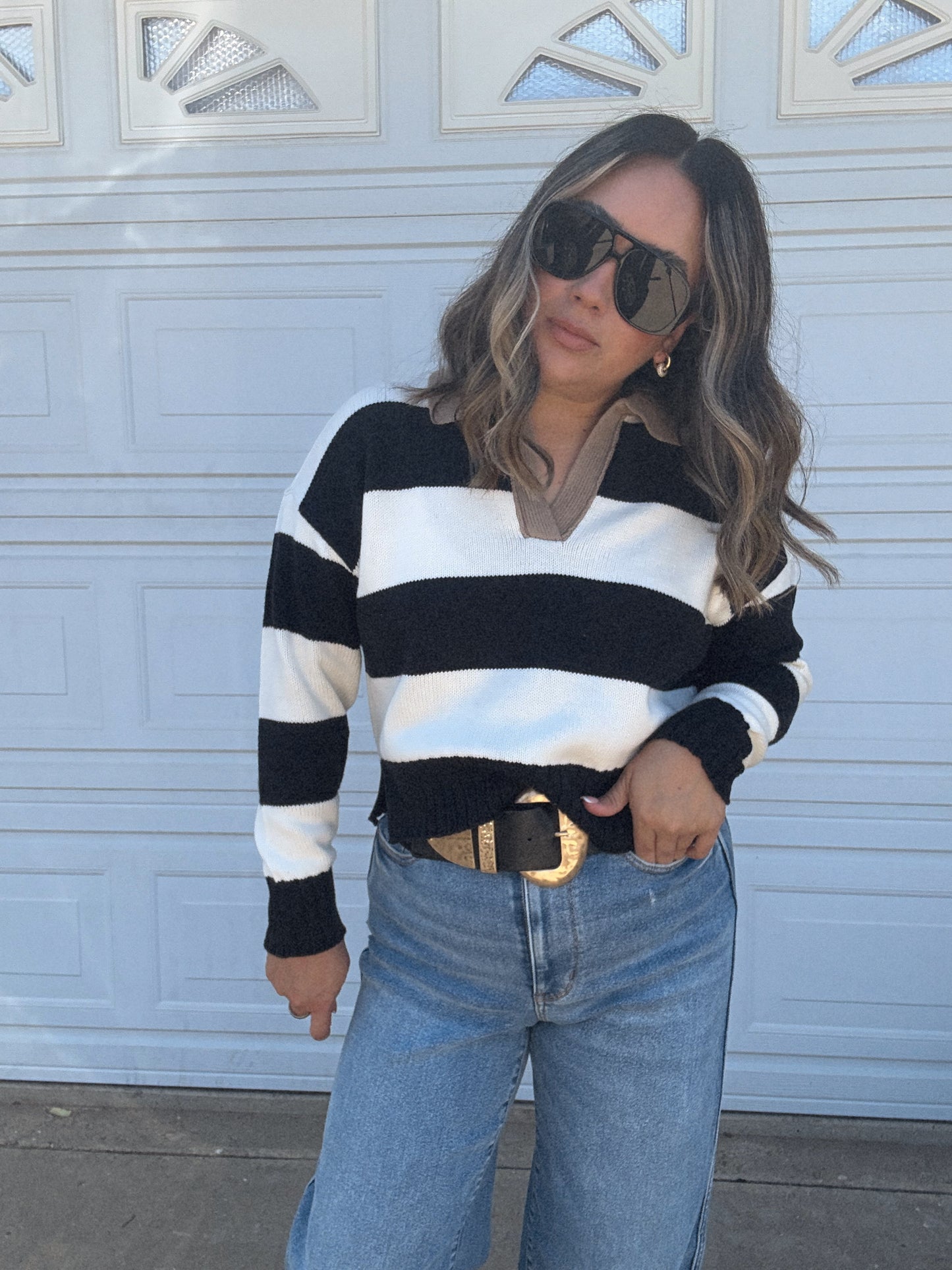 Mom Mode Collared Striped Sweater- White/Black/Tan