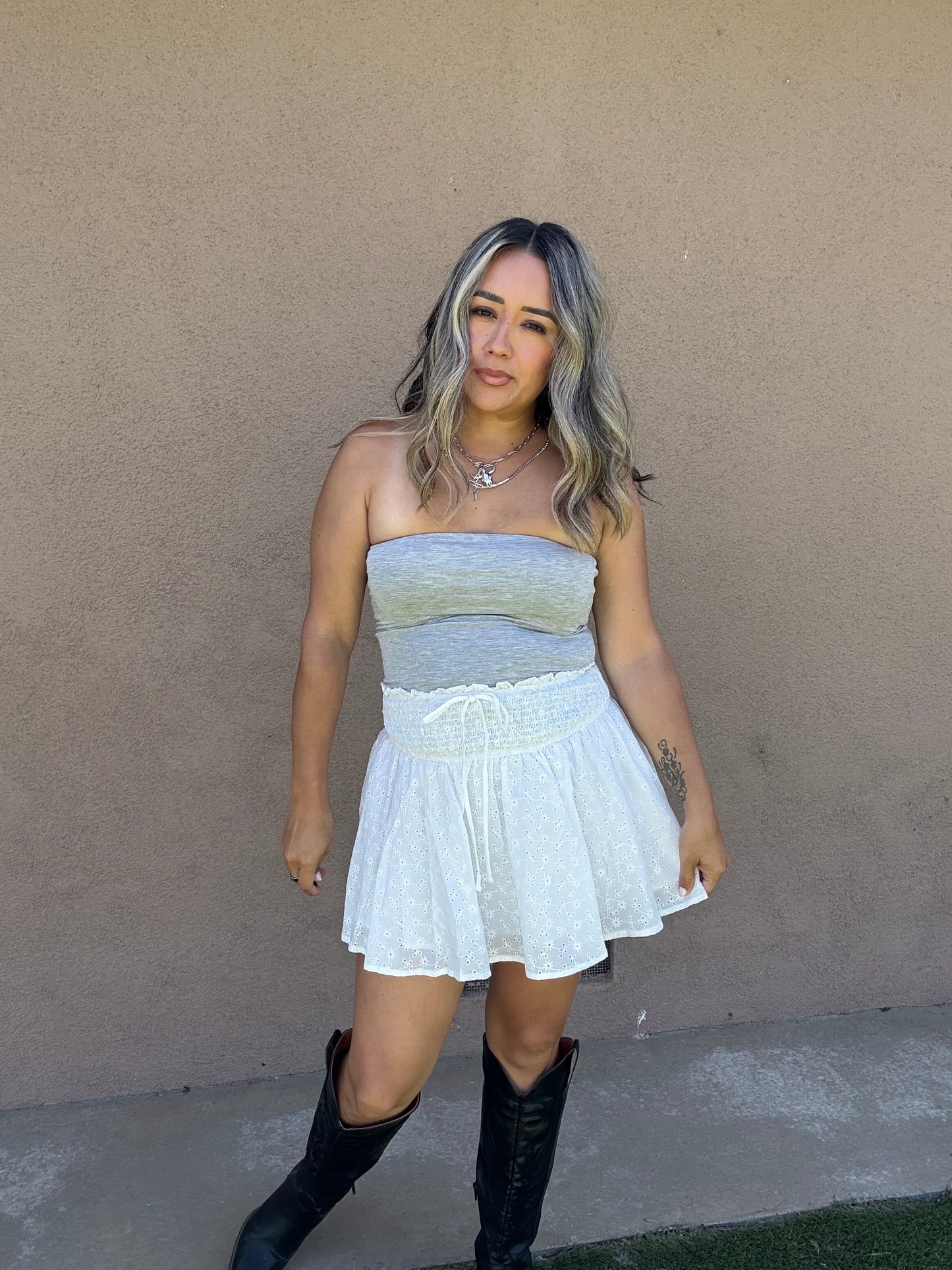 Sabrina Smocked Eyelet Mini Skirt- White