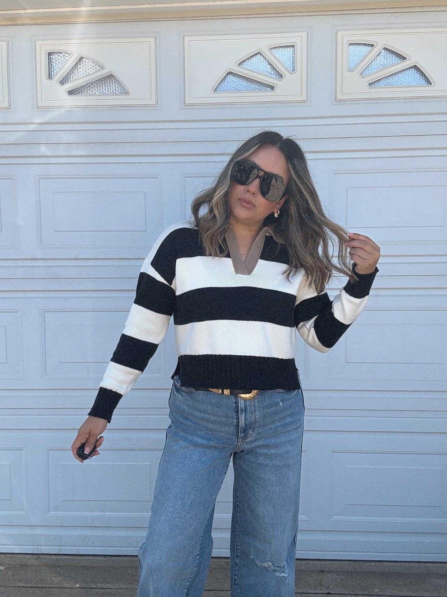 Mom Mode Collared Striped Sweater- White/Black/Tan