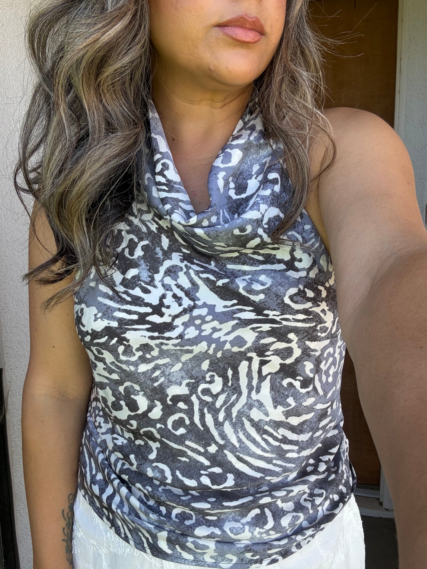 She’s Sneaky Satin Halter Top- Grey Leopard