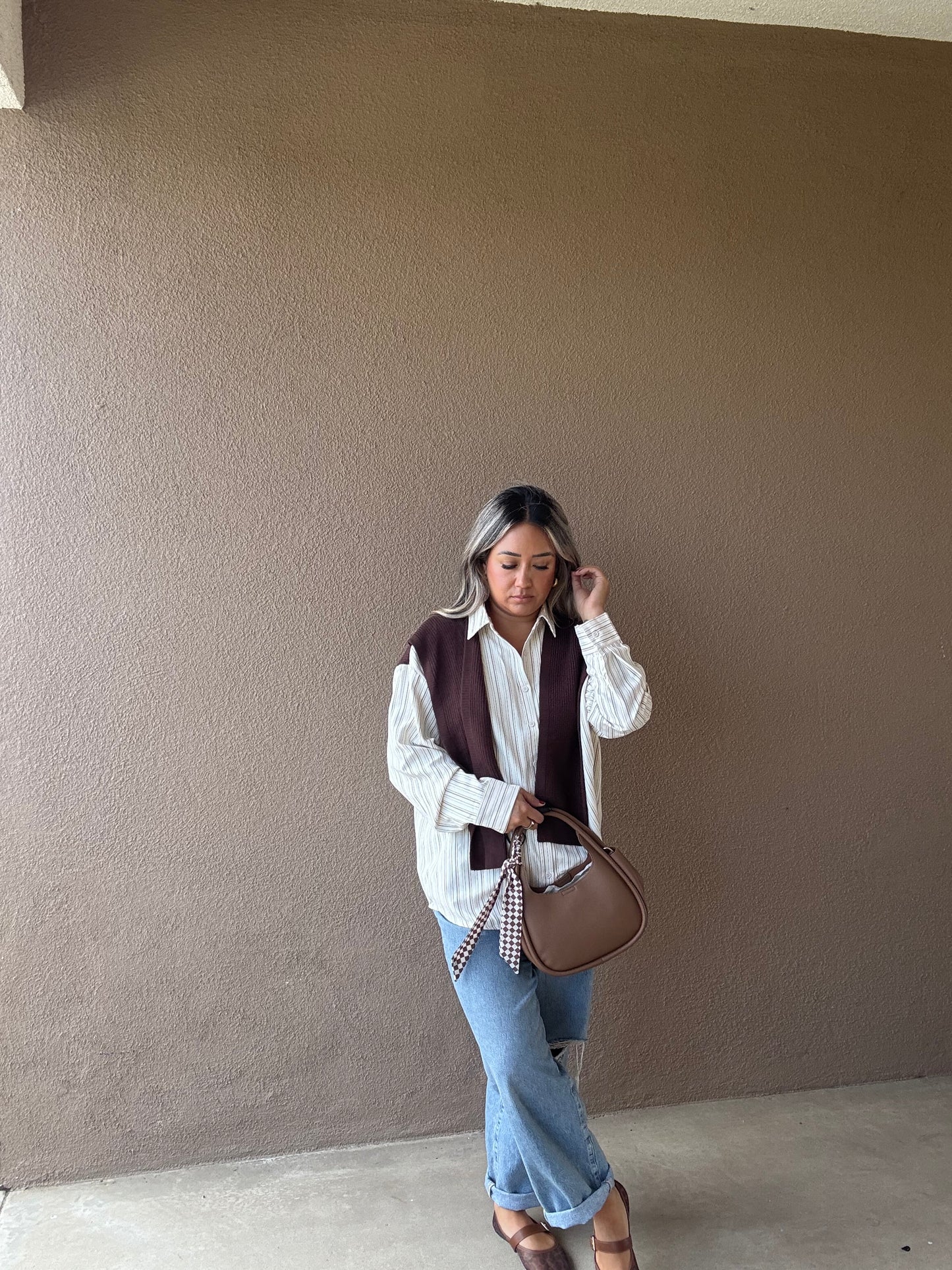 Destiny Checkered Scarf Bag- Light Brown