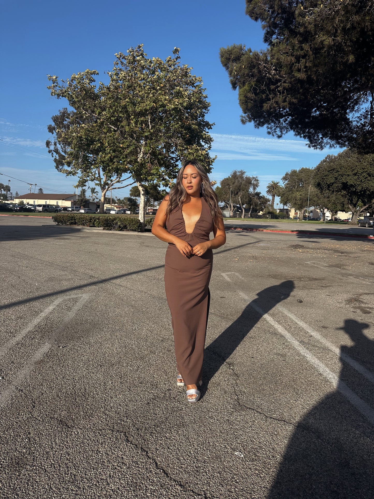 Thinking About Me Fitted Full Length Dress- Chocolate