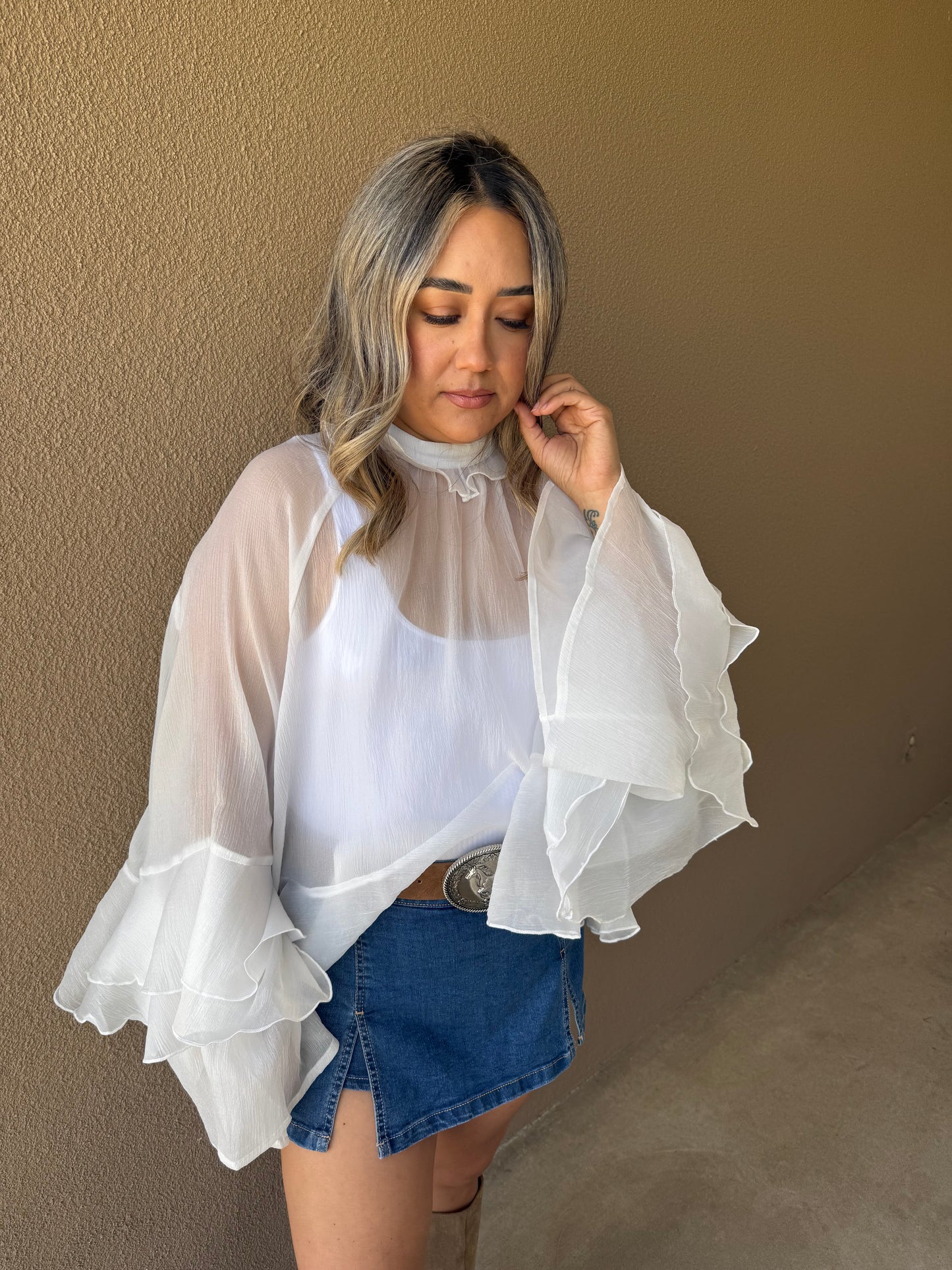 Gemma Long Sleeve Sheer Ruffled Top- White