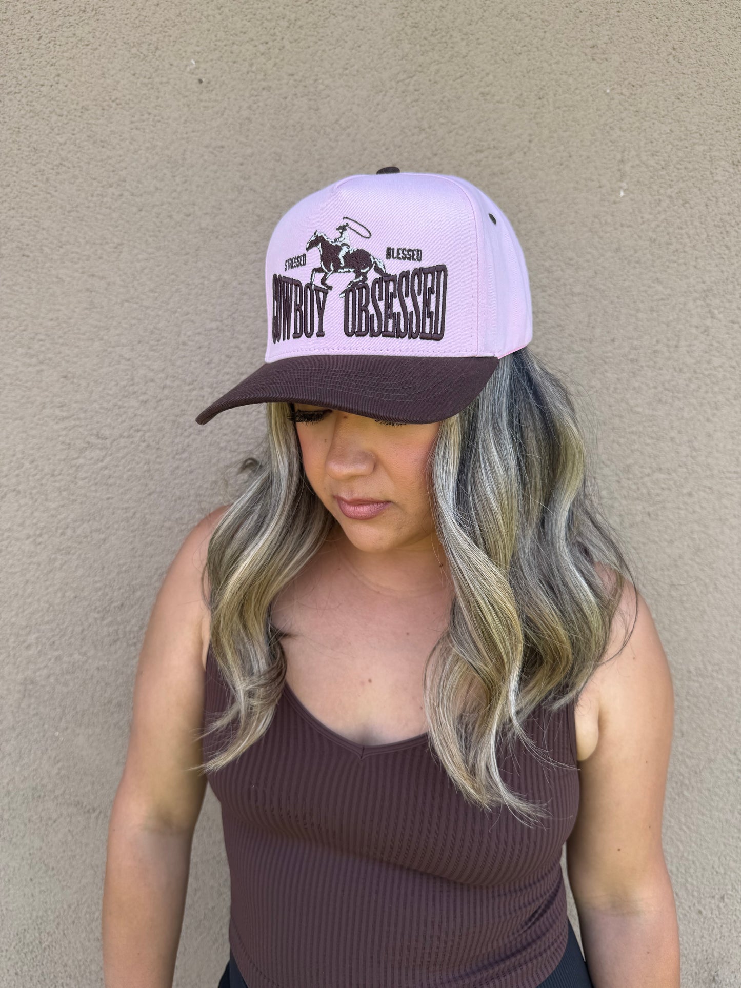 Cowboy Obsessed Hat- Chocolate/ Baby Pink