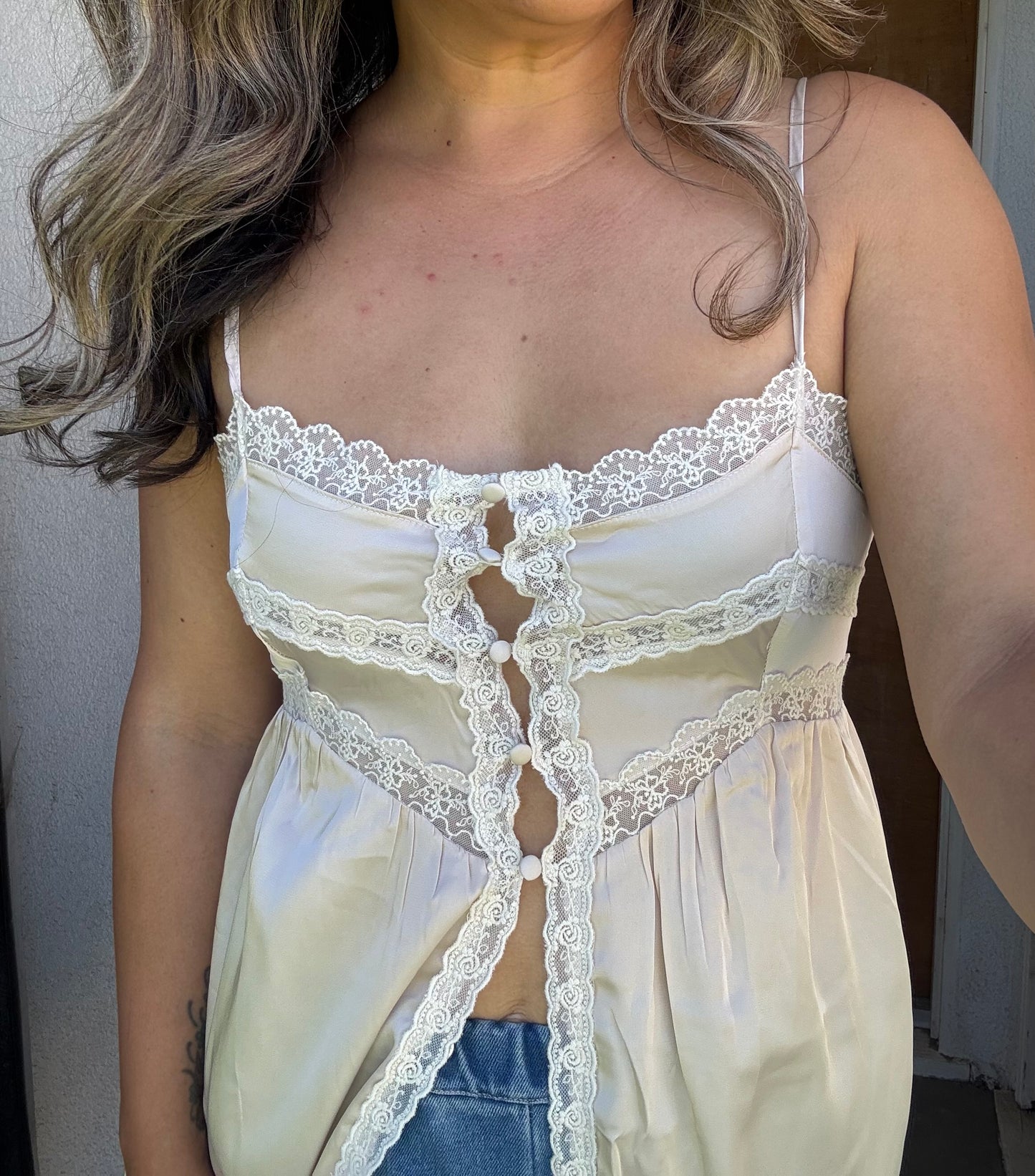 Champagne Girly Lace Trim Satin Button Up Top