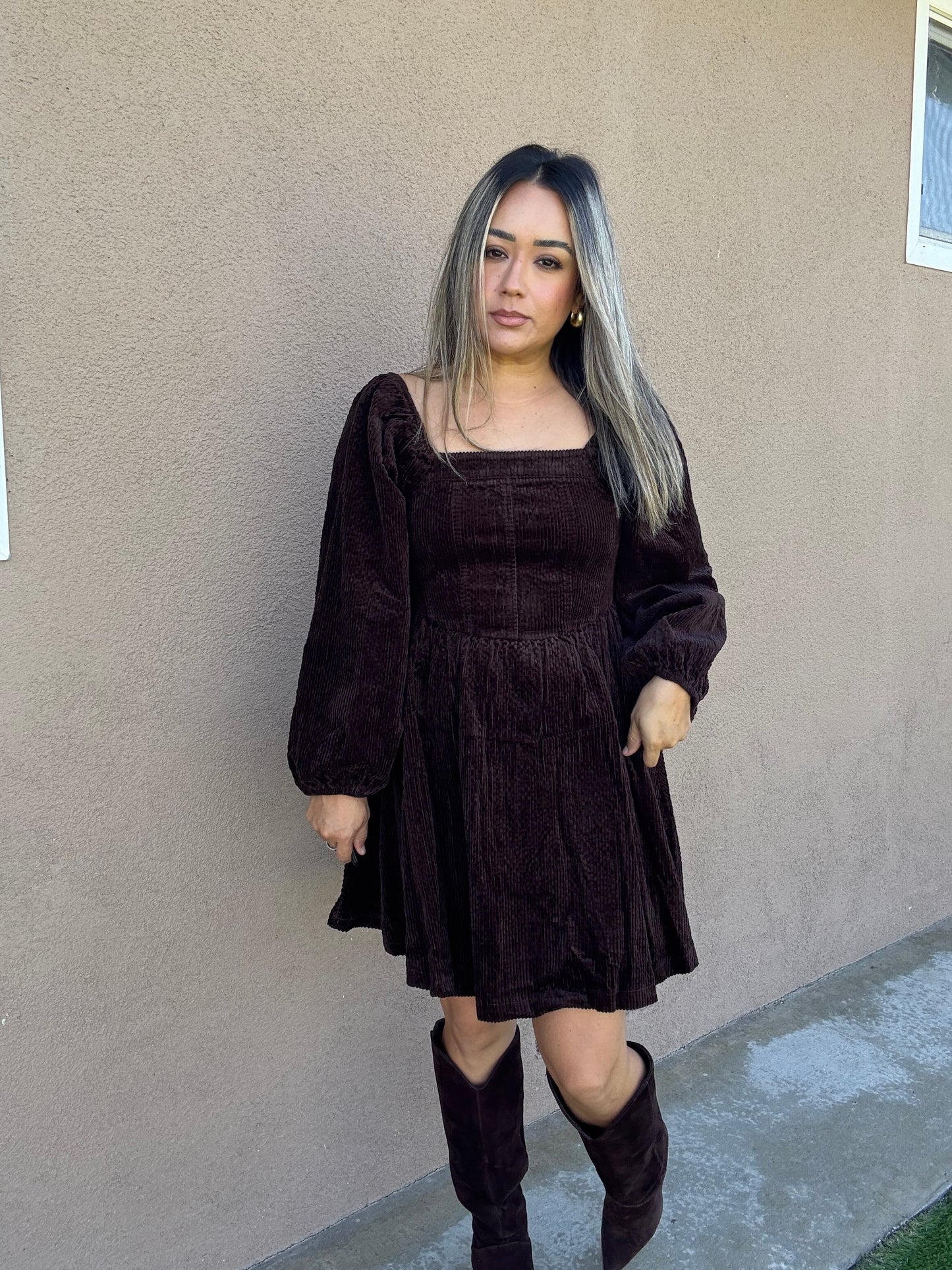 Canela Brown Corduroy Peplum Dress