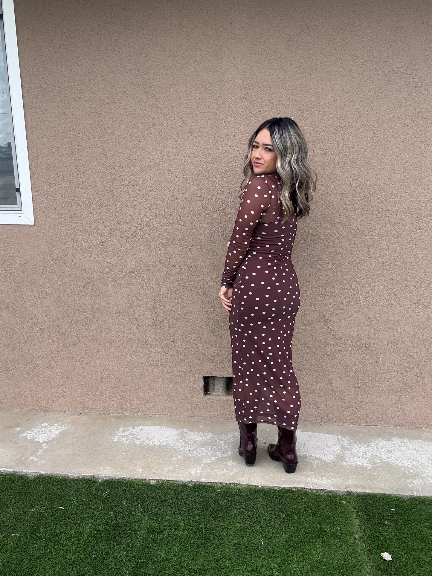 Linda Brown Polka Dot Mesh Maxi