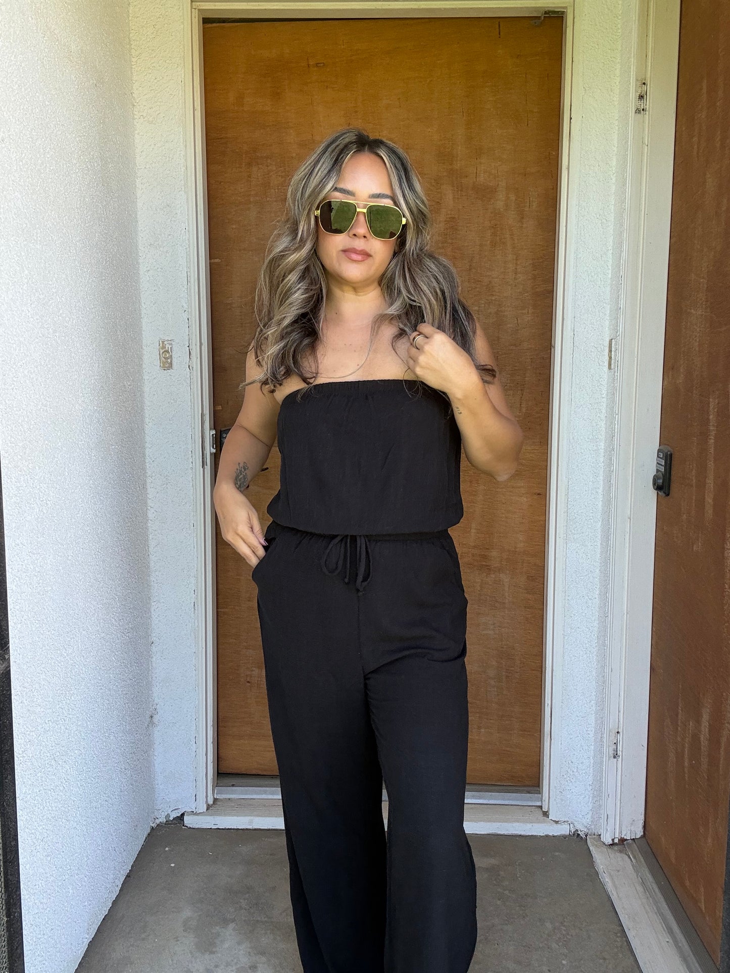 Elodie Linen Strapless Jumpsuit- Black