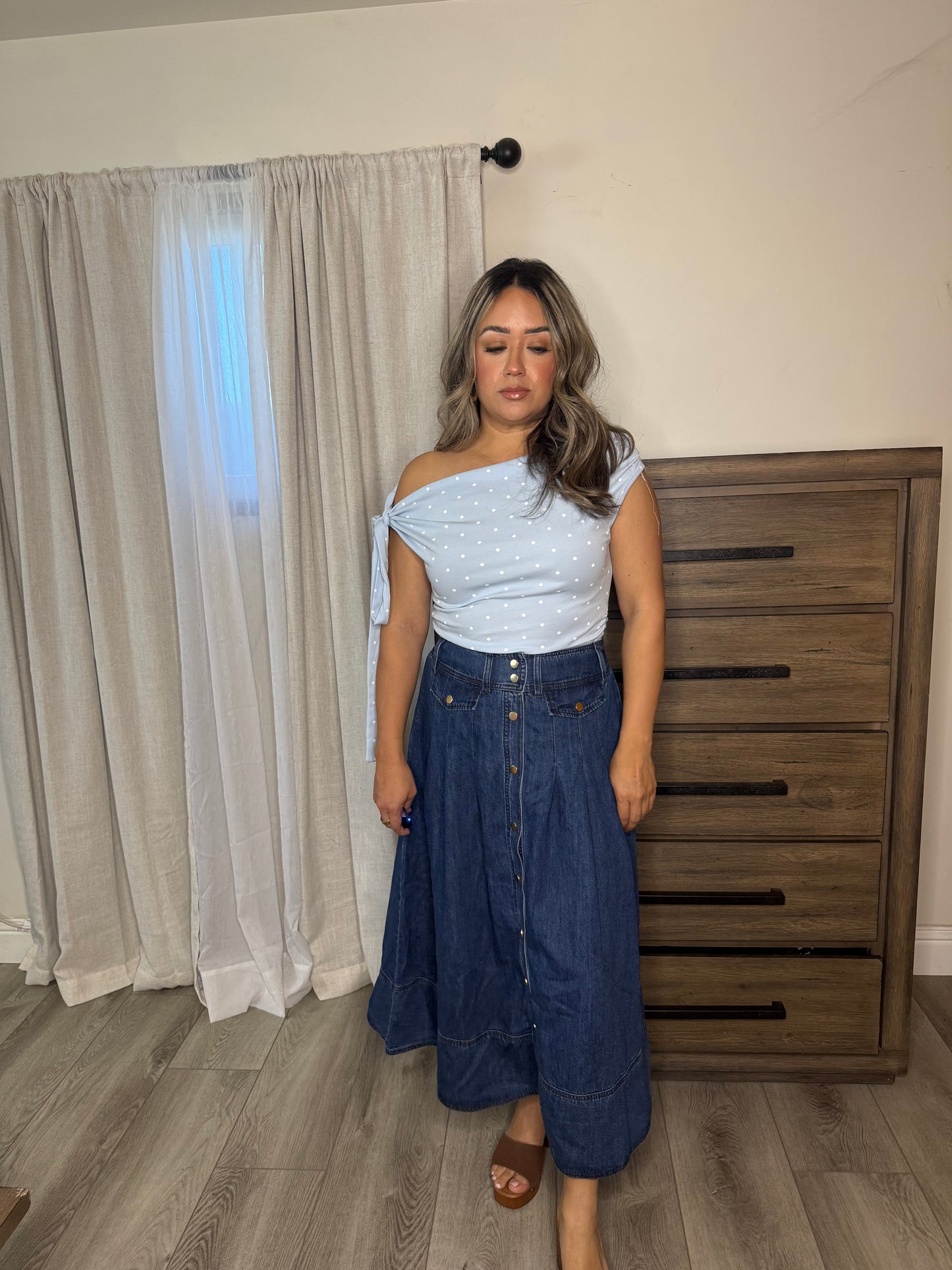 Dainty Polka Dot Off Shoulder Top- Baby Blue