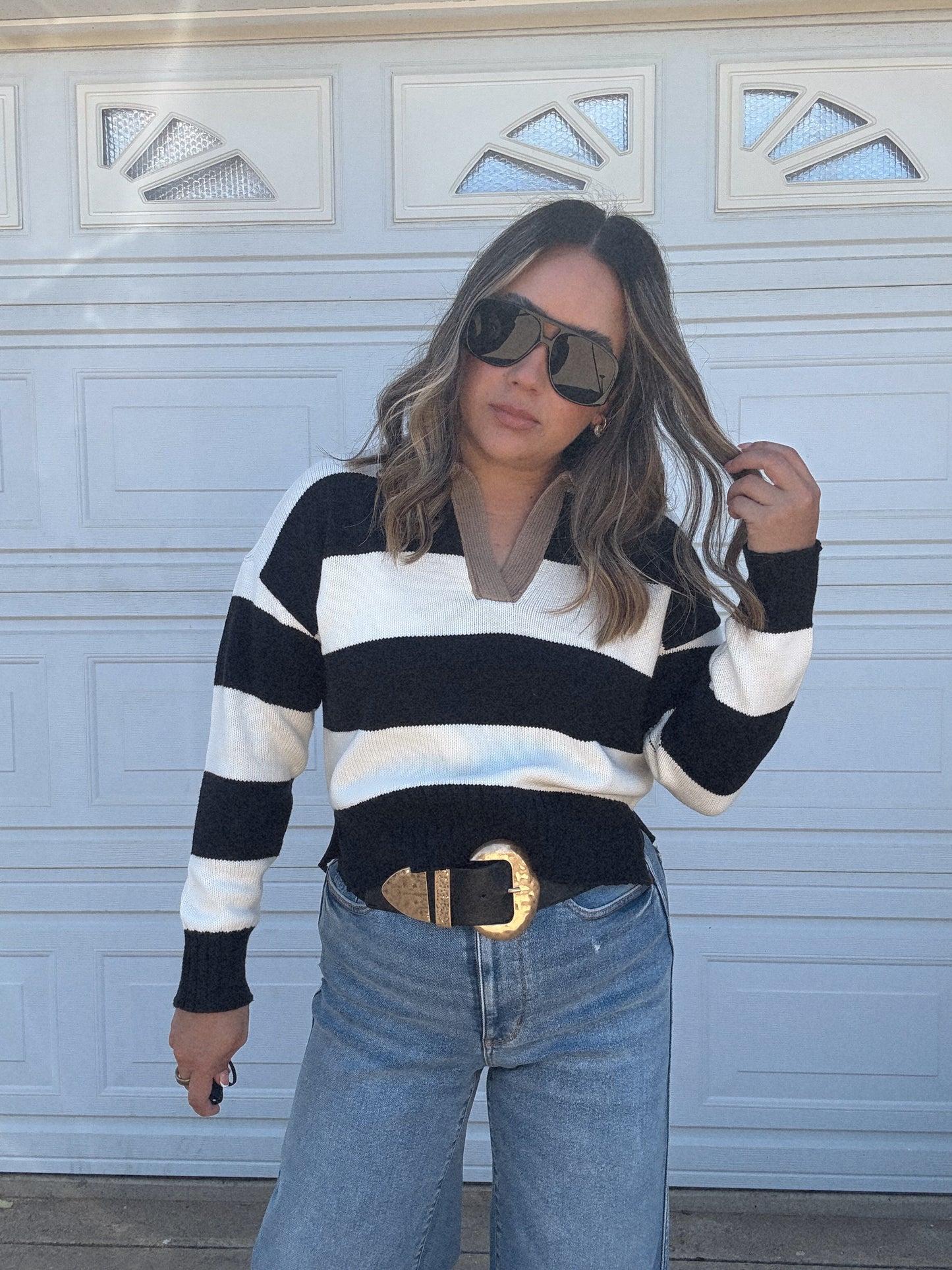 Mom Mode Collared Striped Sweater- White/Black/Tan
