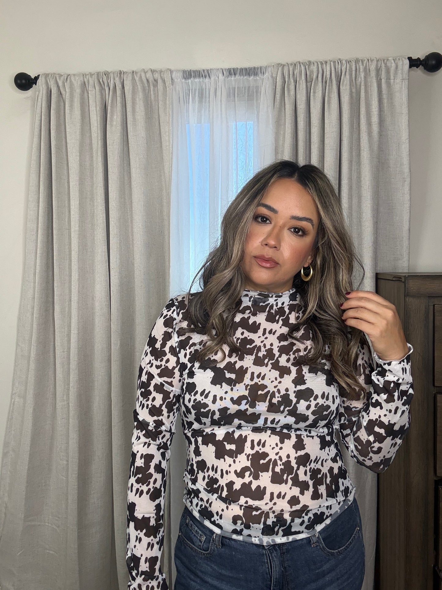 Me Gustas Sheer Long Sleeve Cow Print top