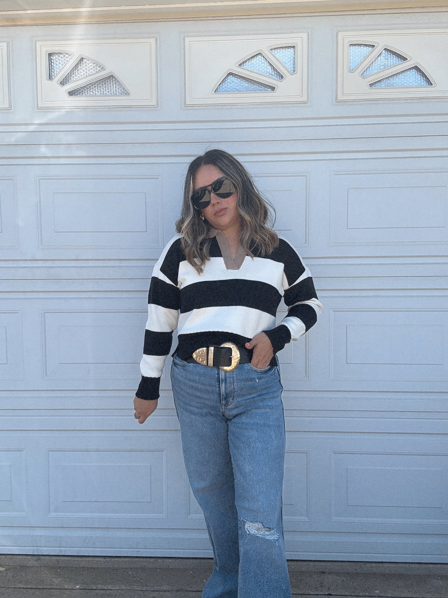 Mom Mode Collared Striped Sweater- White/Black/Tan