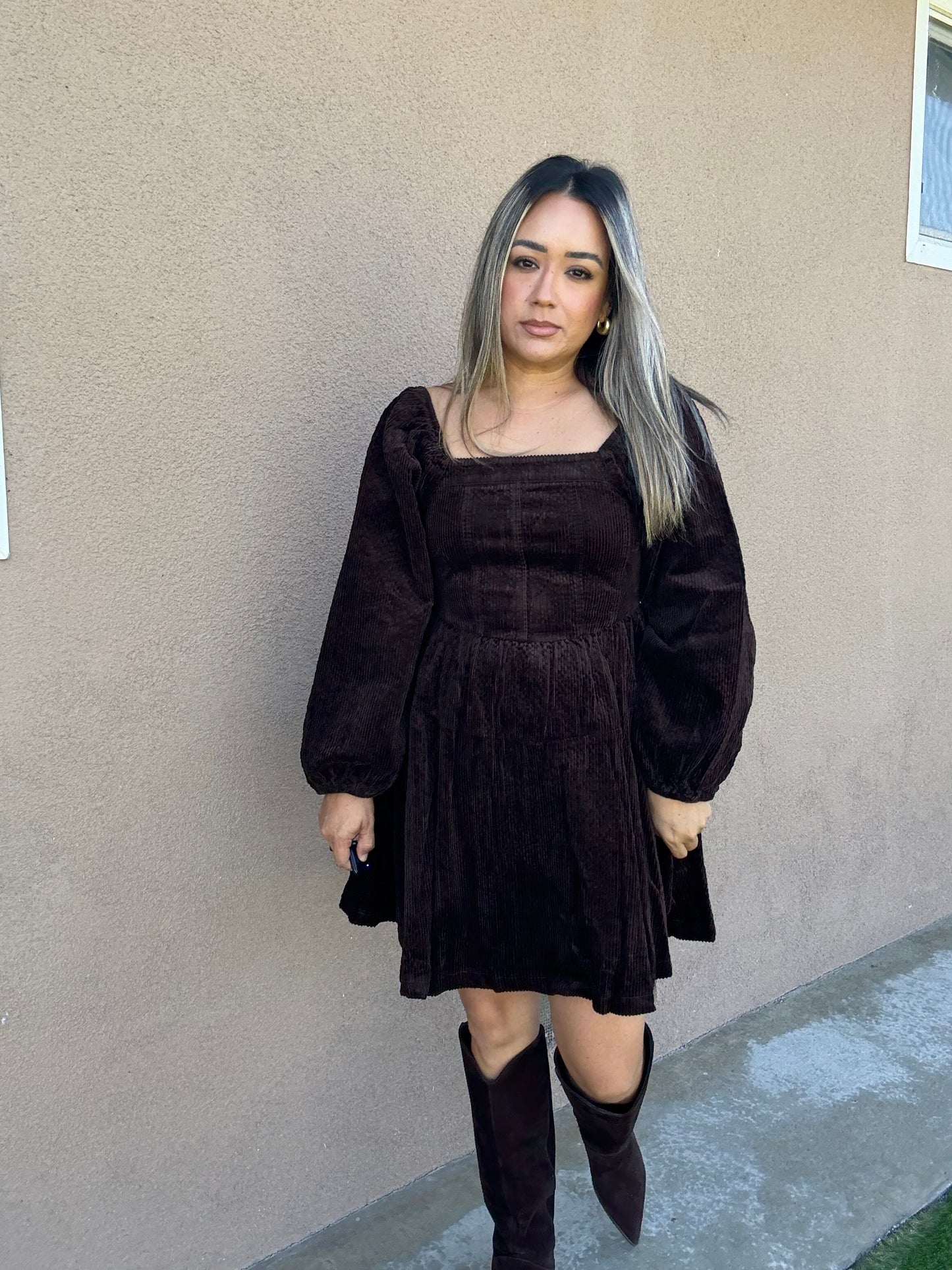 Canela Brown Corduroy Peplum Dress