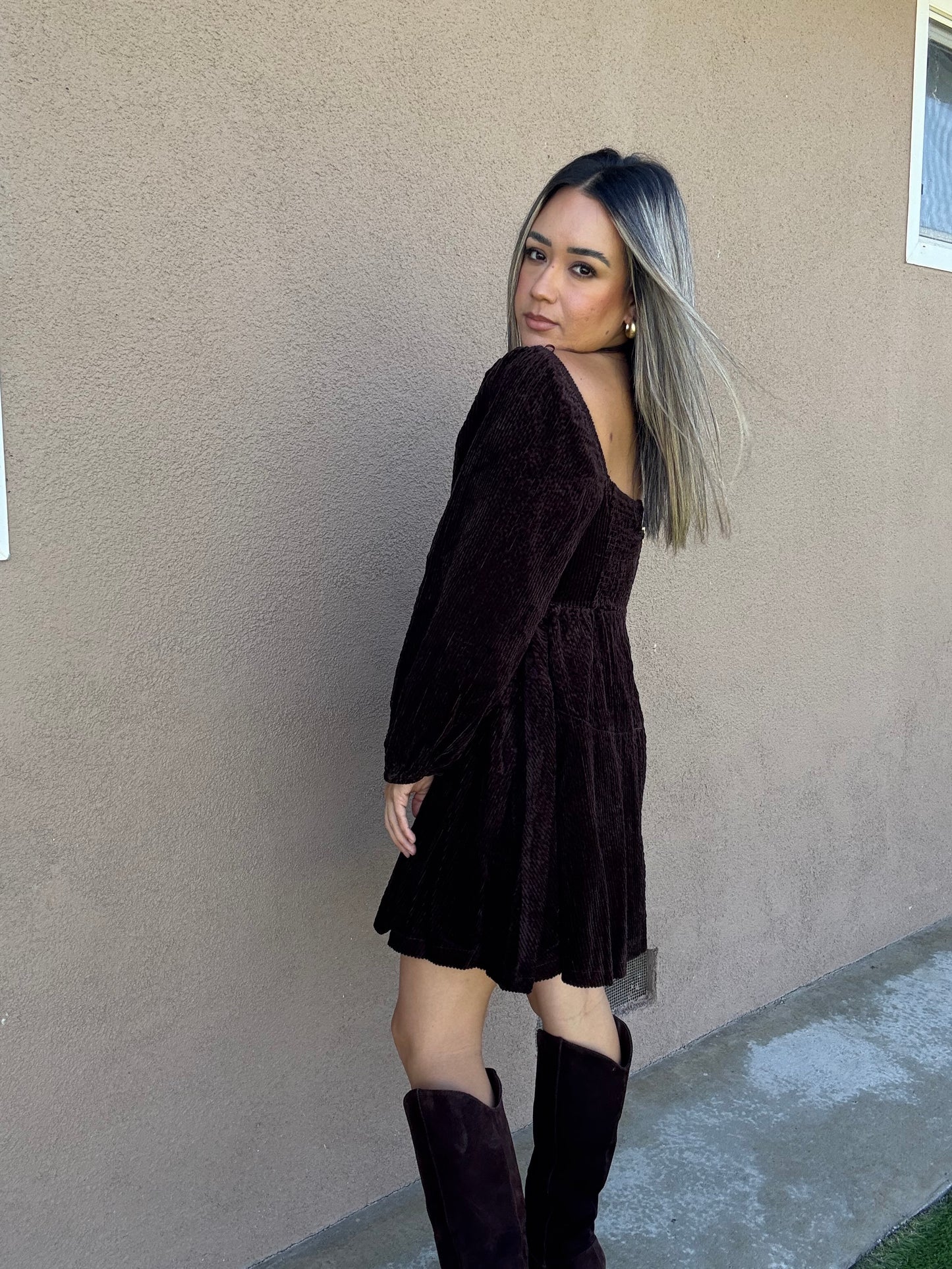 Canela Brown Corduroy Peplum Dress