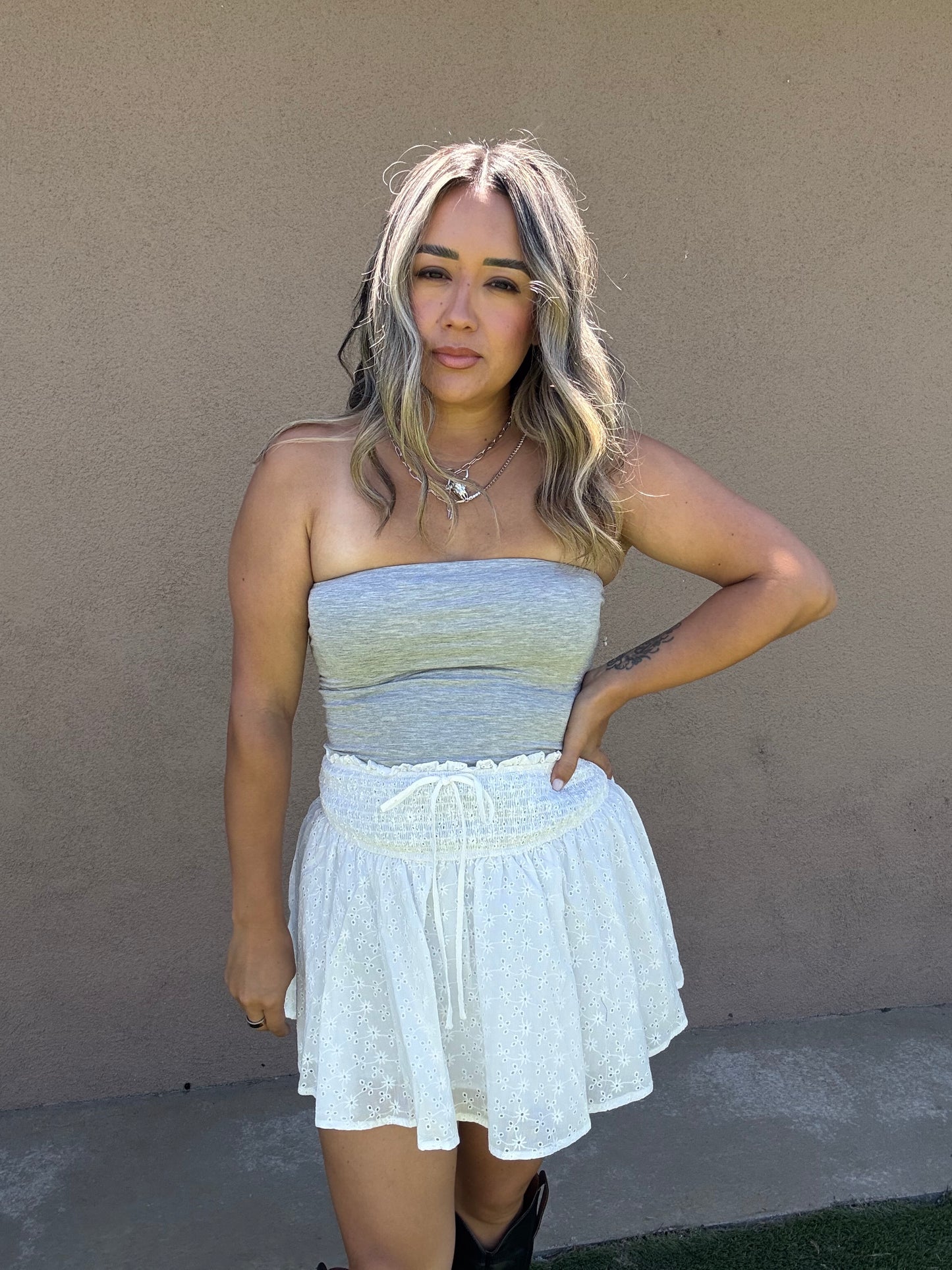 Sabrina Smocked Eyelet Mini Skirt- White