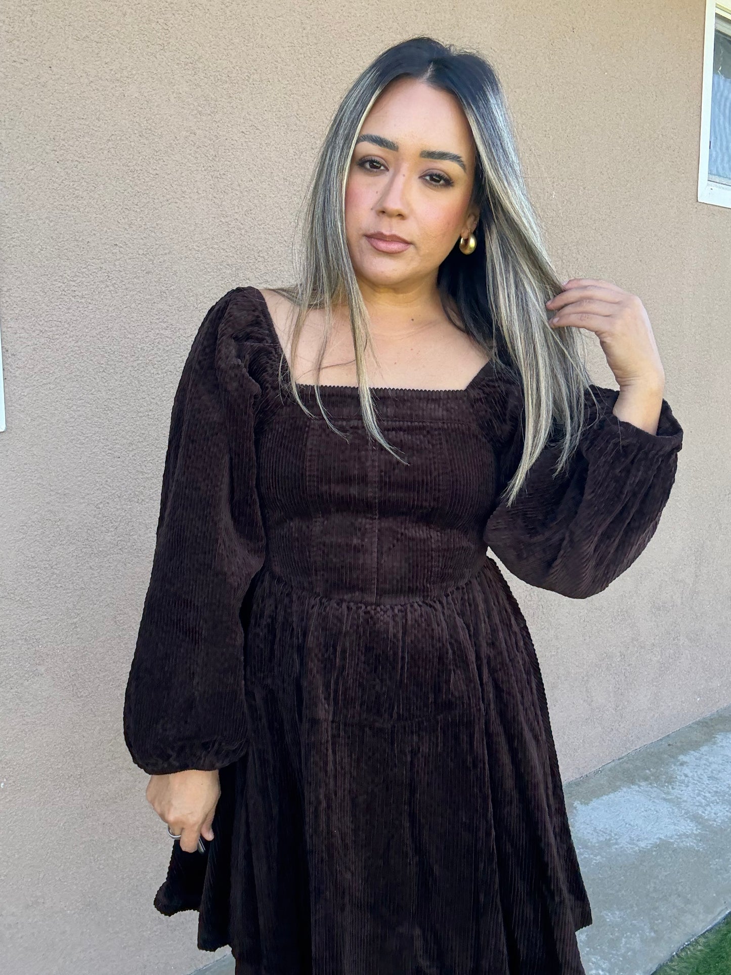 Canela Brown Corduroy Peplum Dress