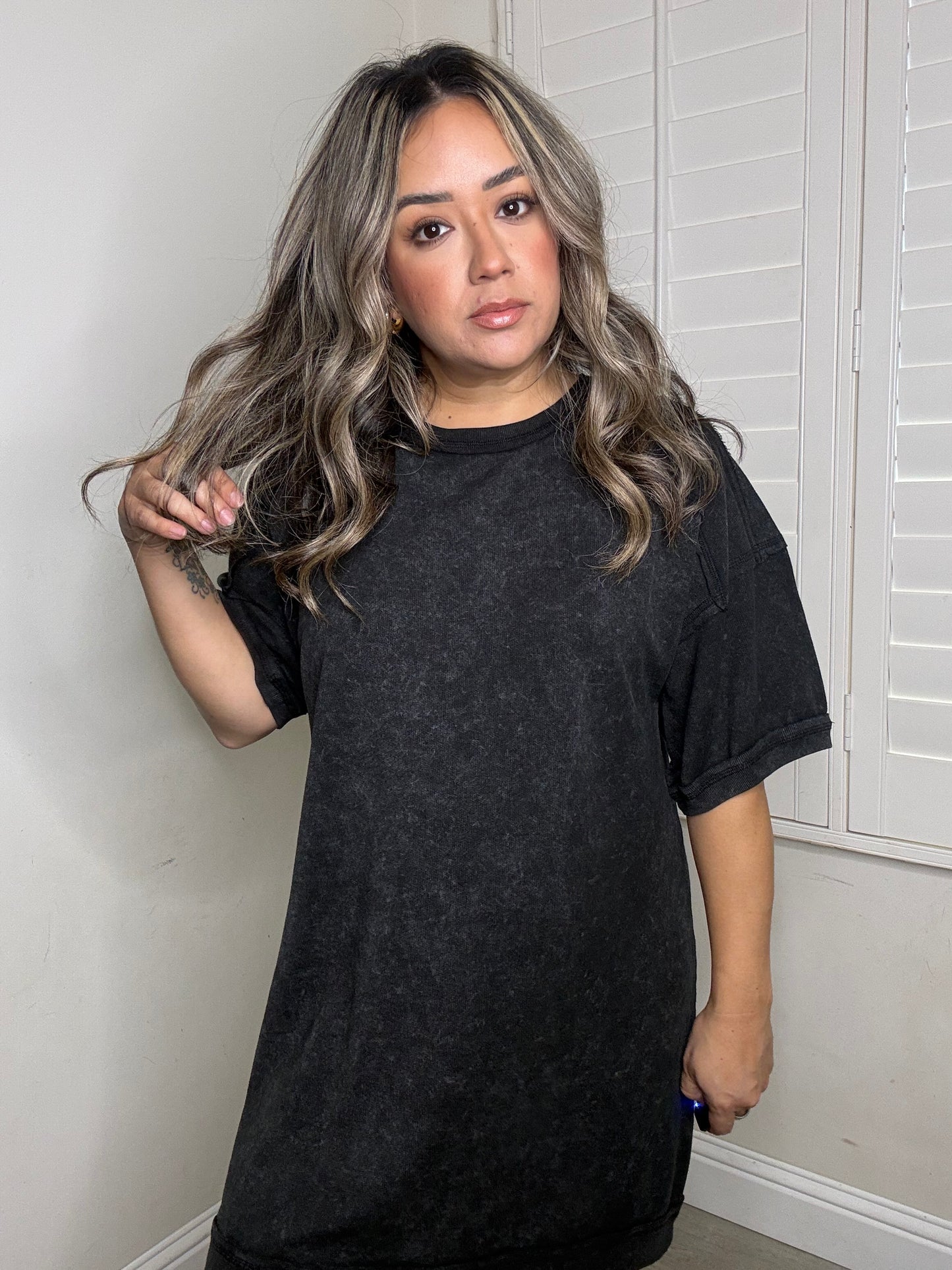 Regan Mini Tee Dress- Washed Black
