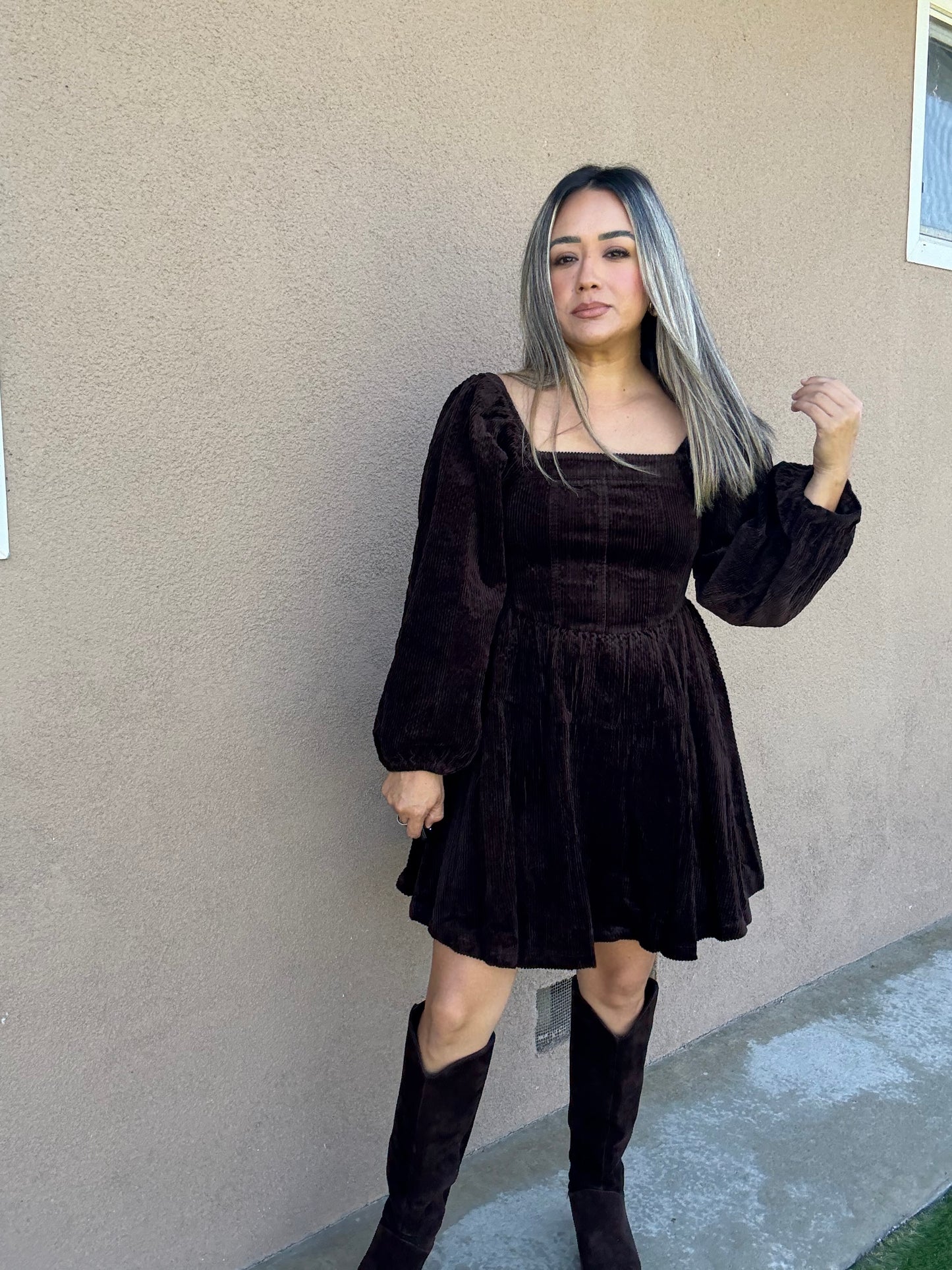 Canela Brown Corduroy Peplum Dress