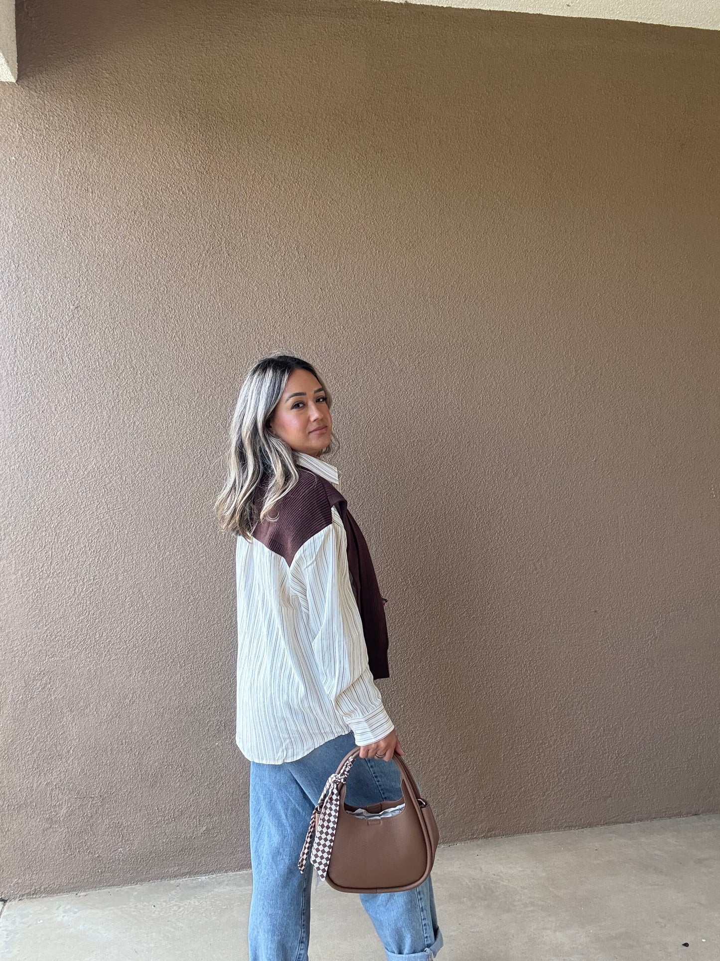 Destiny Checkered Scarf Bag- Light Brown
