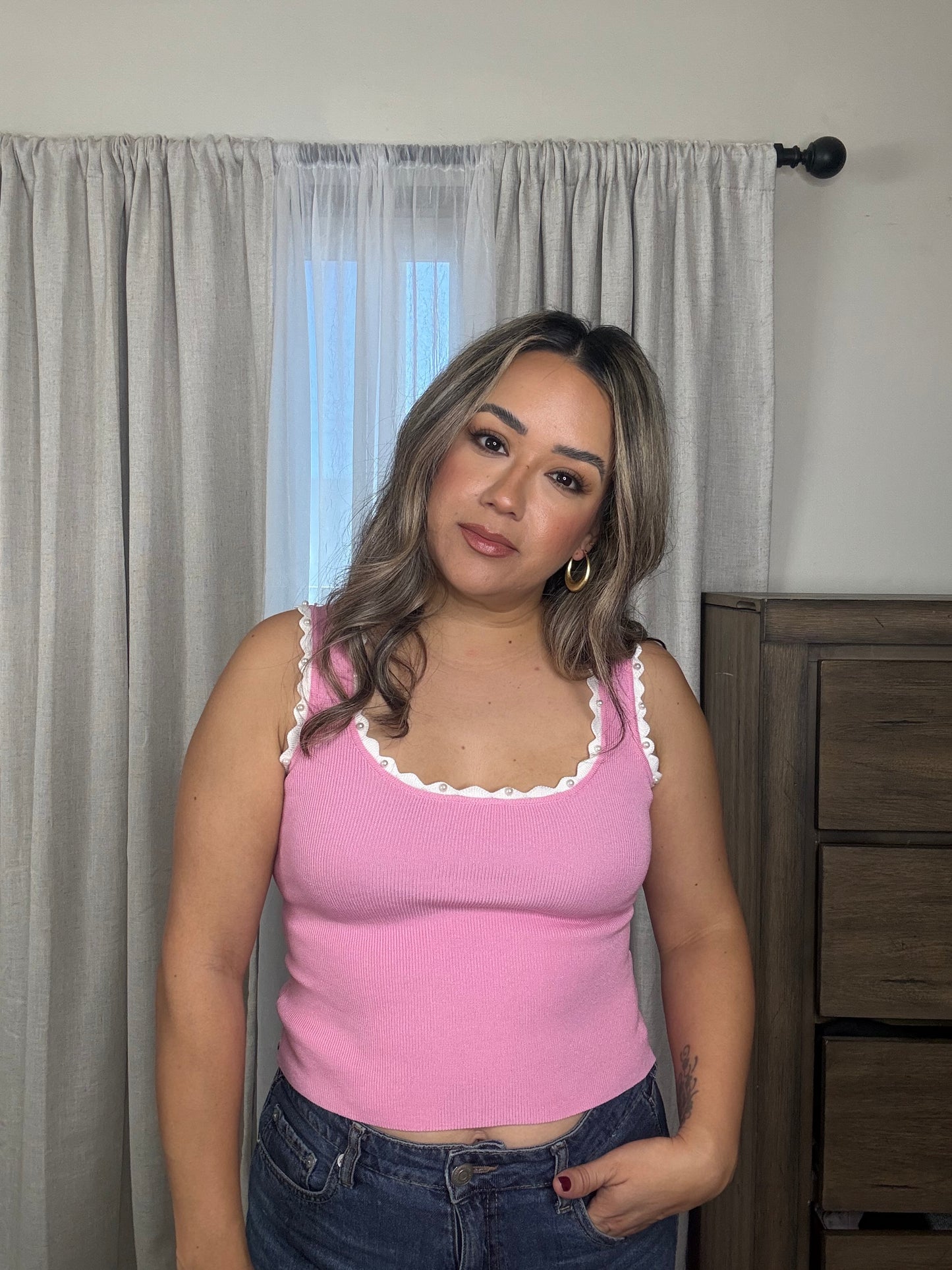 Valentine Pearl Trim Pink Top