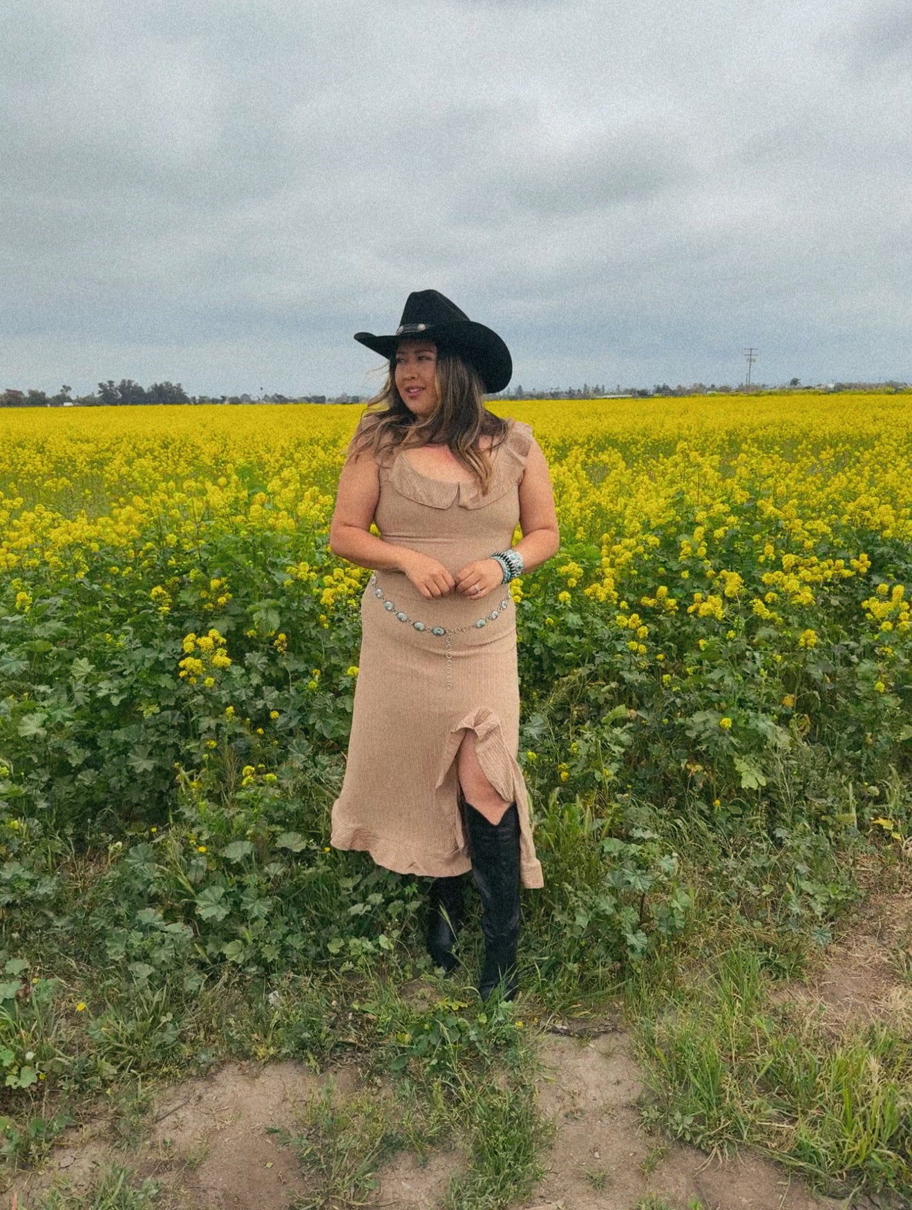 Terrenal Ruffled Midi Dress- Tan