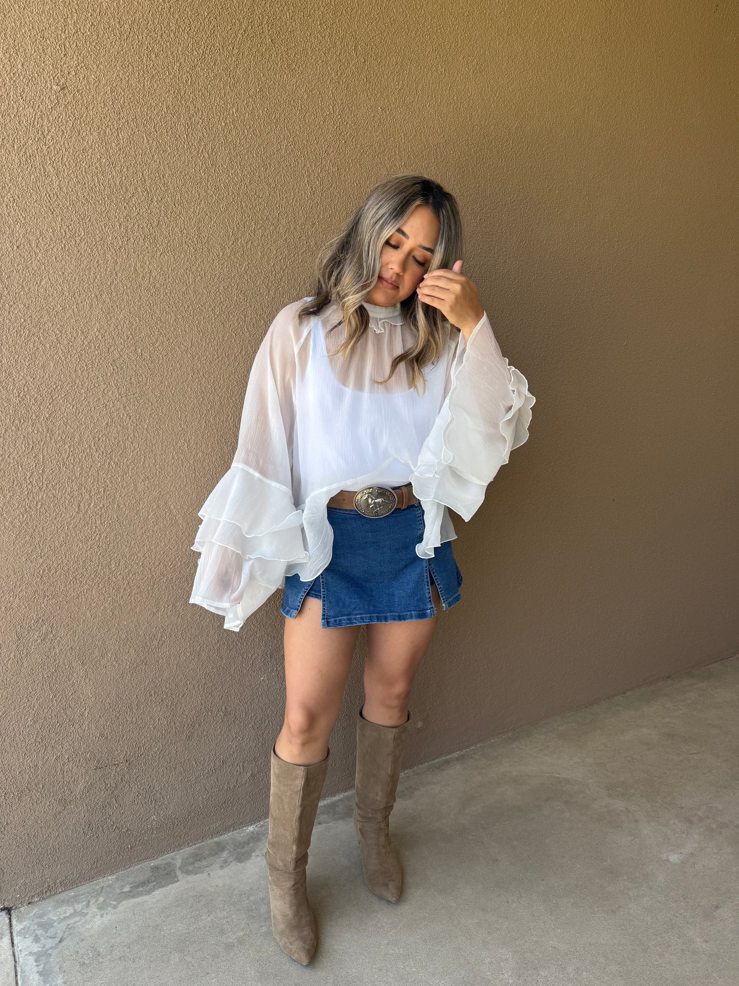 Gemma Long Sleeve Sheer Ruffled Top- White