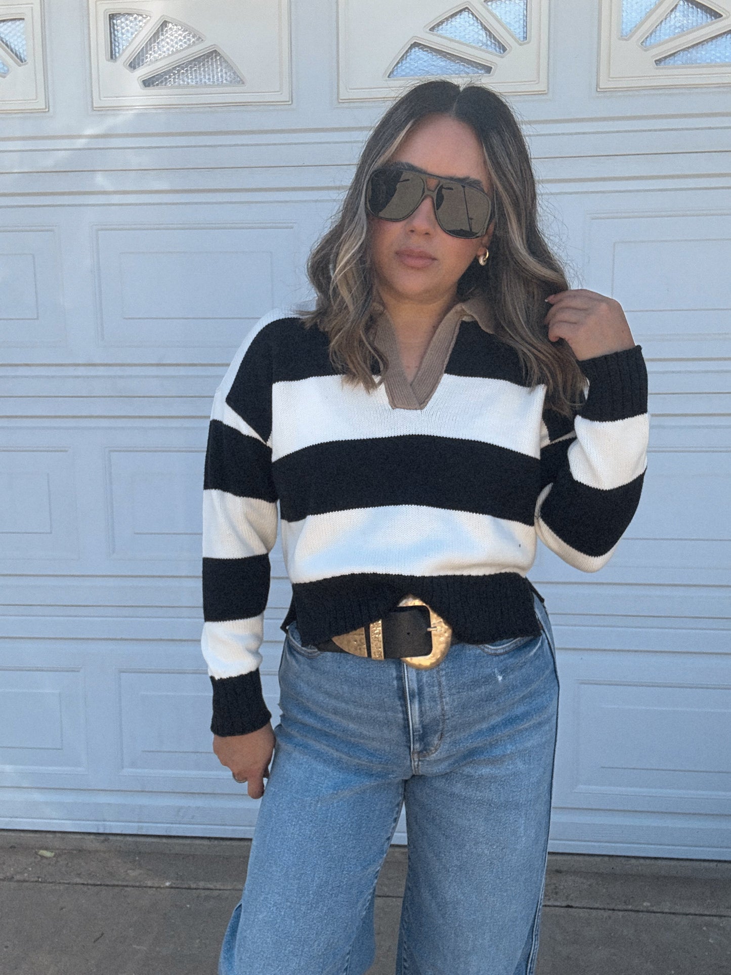 Mom Mode Collared Striped Sweater- White/Black/Tan