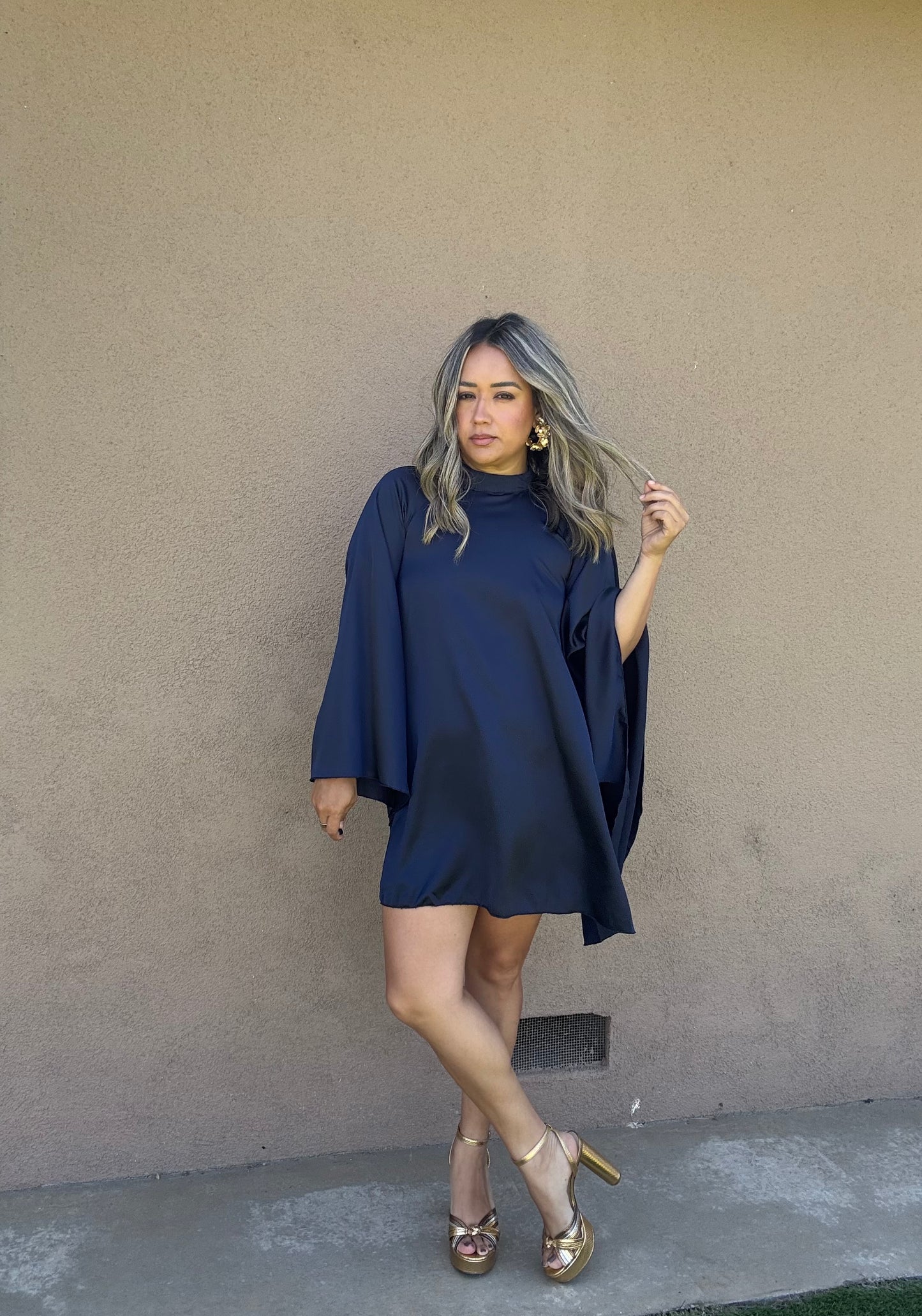 Jessa Bell Sleeve Satin Dress- Navy