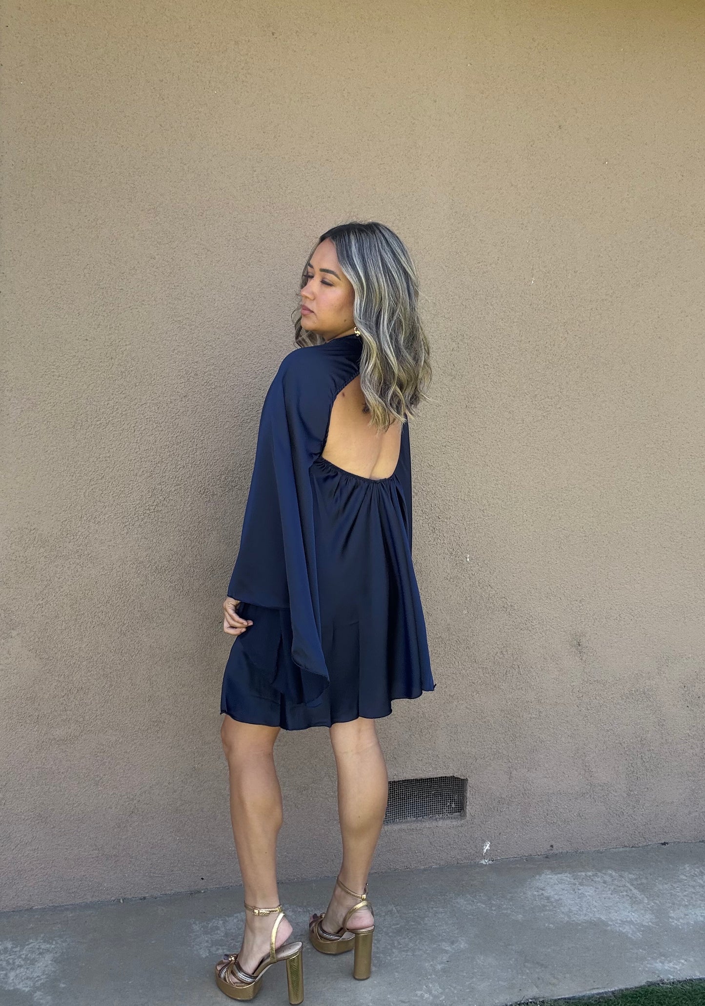 Jessa Bell Sleeve Satin Dress- Navy