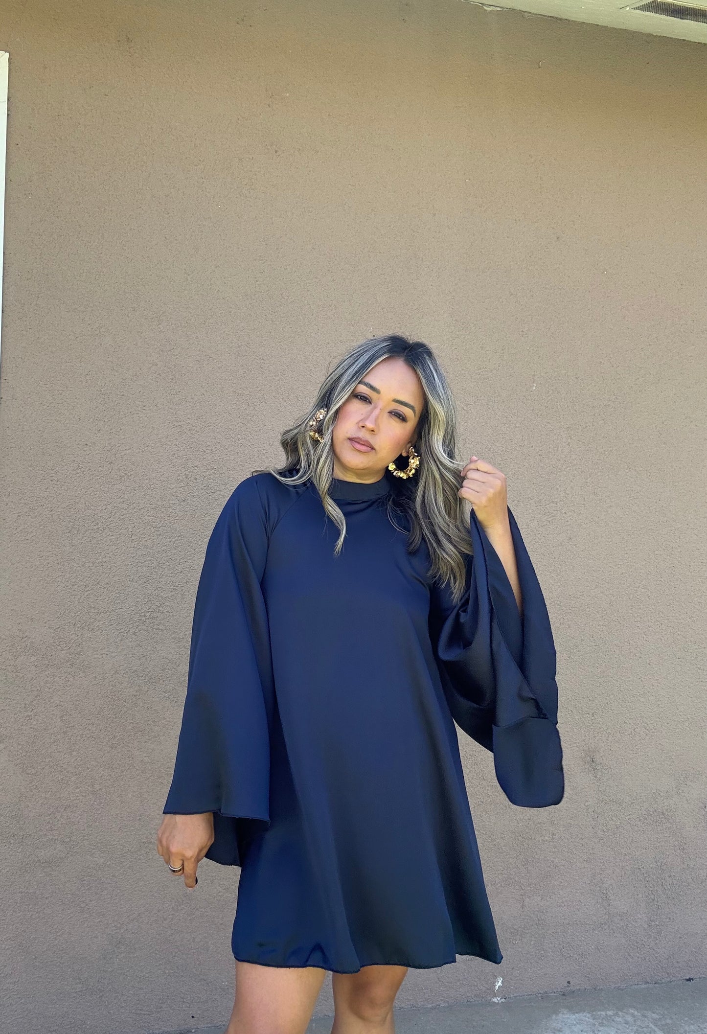 Jessa Bell Sleeve Satin Dress- Navy