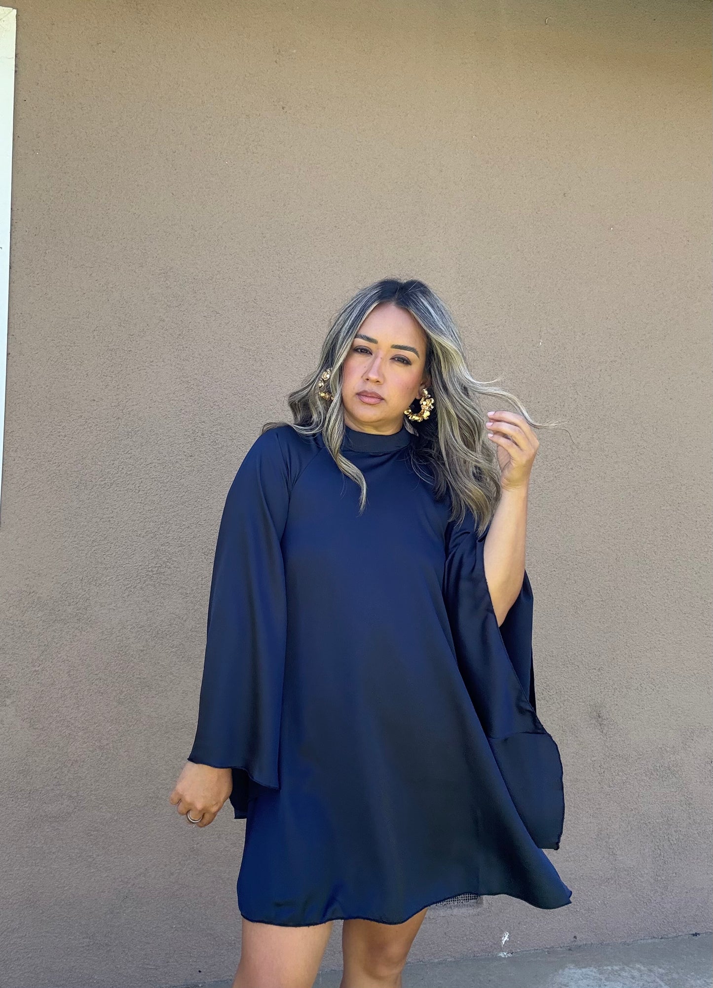 Jessa Bell Sleeve Satin Dress- Navy