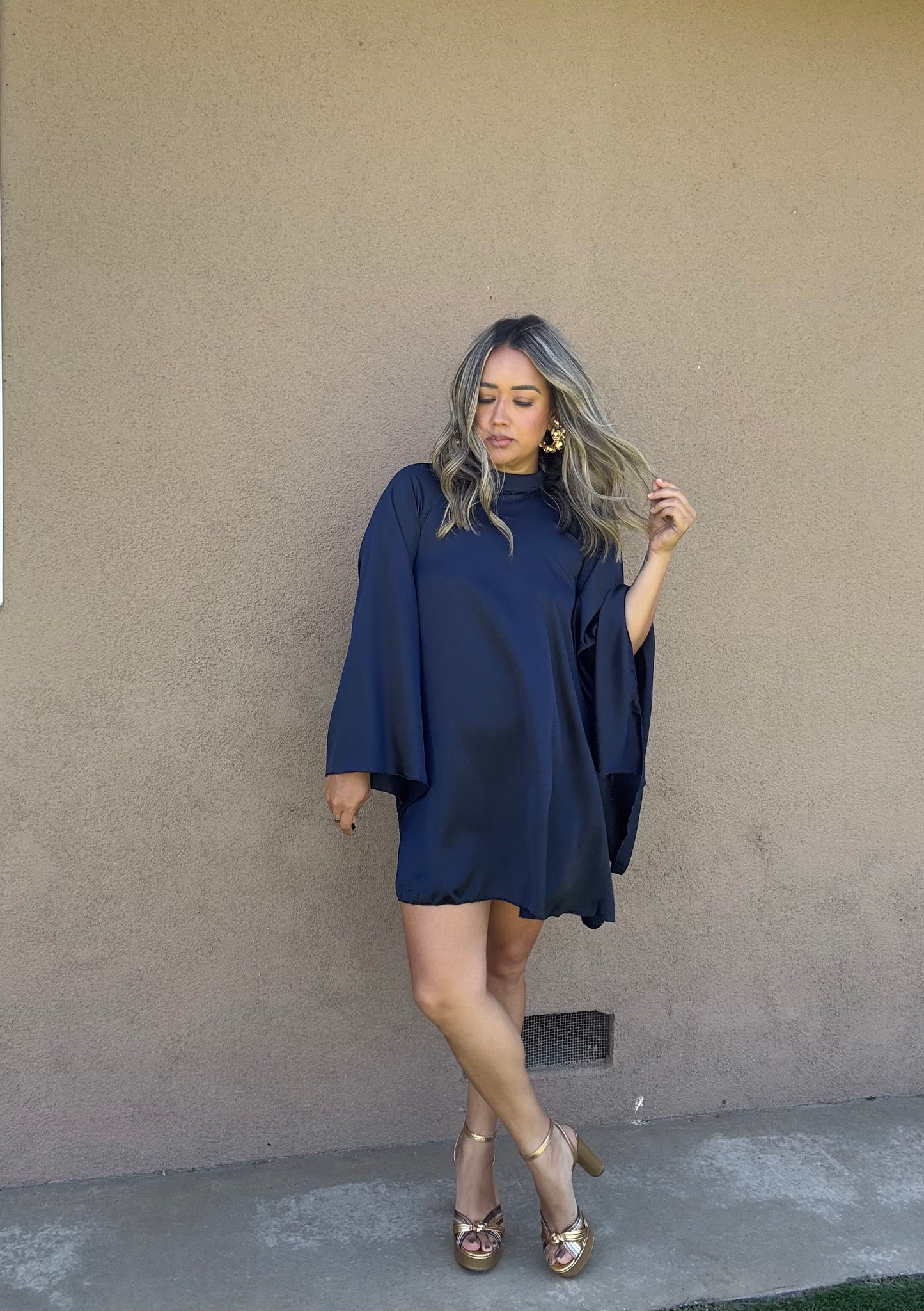 Jessa Bell Sleeve Satin Dress- Navy