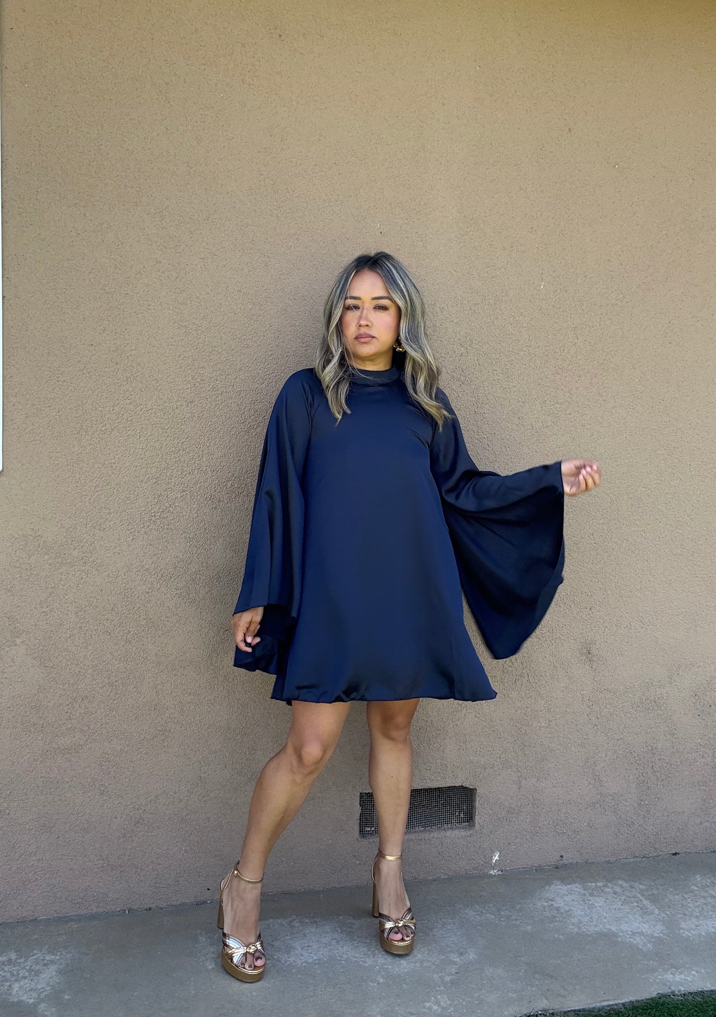 Jessa Bell Sleeve Satin Dress- Navy