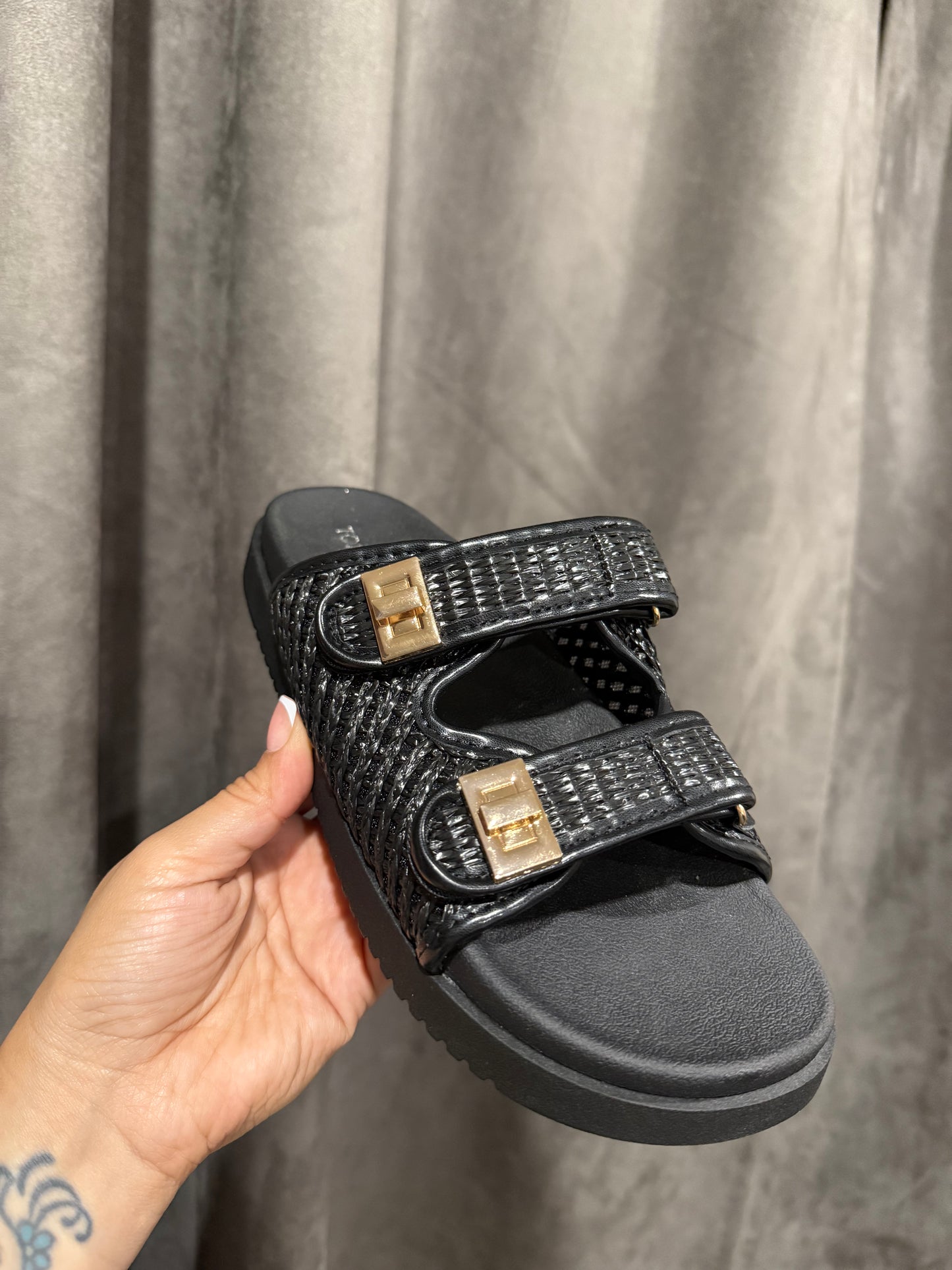 Lyon Black Raffia Slip On Sandal