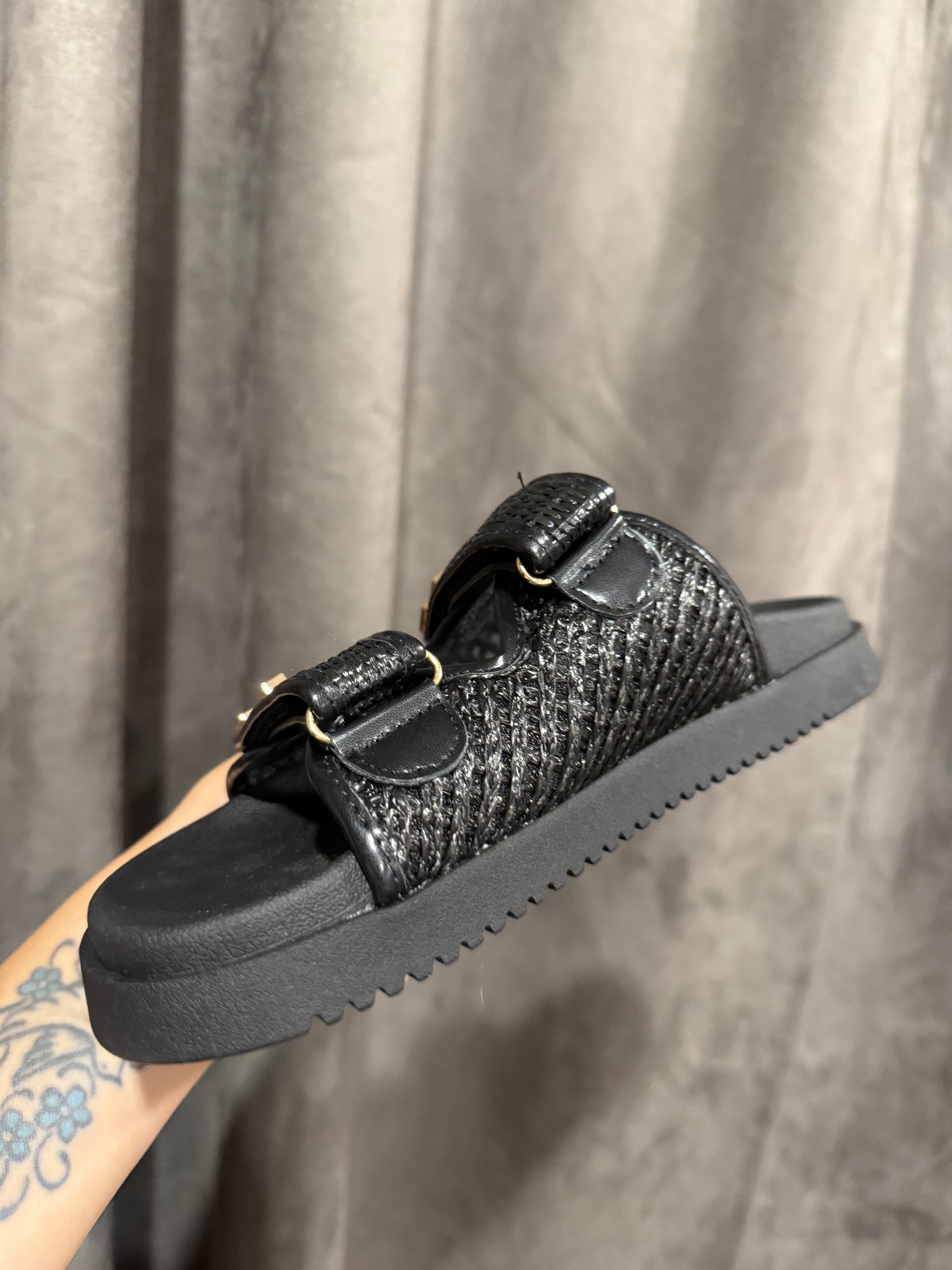 Lyon Black Raffia Slip On Sandal