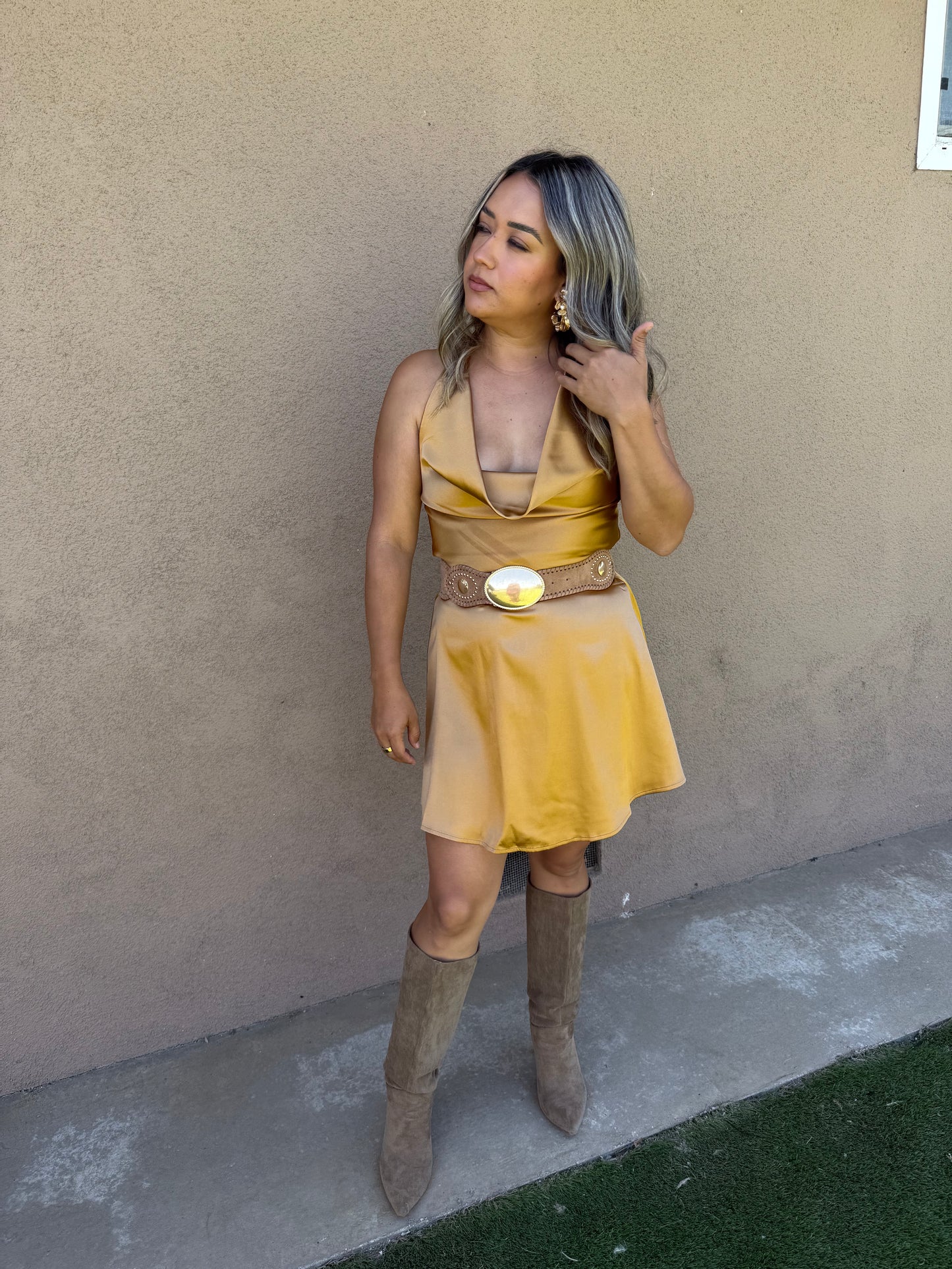 Felicity Stretchy Belt- Tan/Gold